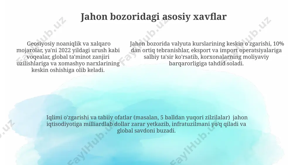 ng fikrini hisobga olib, konsensusga erishish va xavf darajasini aniqlash maqsadga muvofiqdir. xavflarni aniqlash va baholash jarayonida, kamida 3 ta mustaqil ekspertning fikrini hisobga olib, konsensusga erishish va xavf darajasini aniqlash maqsadga muvofiqdir. moliyaviy xavflar kredit reytingining pasayishi kompaniyaning qarz olish imkoniyatlarini cheklab, moliyaviy qiyinchiliklarga olib kelishi mumkin, bu esa 20% gacha foiz stavkalarining oshishiga olib kelishi mumkin. global moliyaviy bozorlarda valyuta kursi o'zgarishi 10% dan ortiq bo'lishi mumkin, bu esa eksport va import operatsiyalarining rentabelligini sezilarli darajada pasaytirishi mumkin. inflyatsiya darajasi 5% dan oshganda, investitsiyalar daromadi rejalashtirilgan darajadan ancha past bo'lishi mumkin, shuning uchun inflyatsiya xavfini baholash juda muhim. e'tiboringiz uchun rahmat @taqdimot_robot image1.png