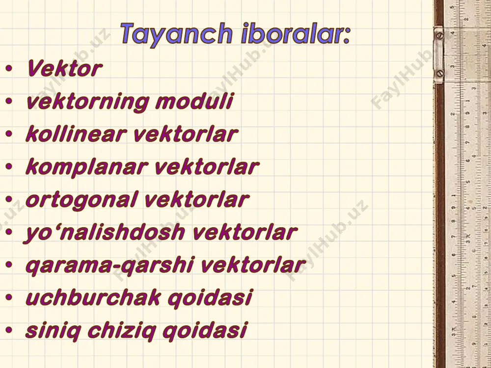  0a a  0.a b a b     har qanday va vektorlar uchun tenglik o’rinli. a b ( )a b a b    teorema а b а-b а b о berilgan vektorning berilgan k songa ko’paytmasi deb, quyidagi qoidalar bilan aniqlanuvchi vektorga aytiladi: a b b = k × a ; 0 , 0 .     k a b k a b а 2а – а – 0,5а vektorni songa ko‘paytirish amali xossalari: 0 0;a  0 0;k   1 ;a a  ( 1) ;a a      ;k a b k a k b        ;k l a k a l a     .k a k a   nazorat savollari: 1. vektorga ta’rif bering. 2. qanday vektorlar o‘zaro teng bo‘ladi ? 3. qanday vektorlar kollinear …