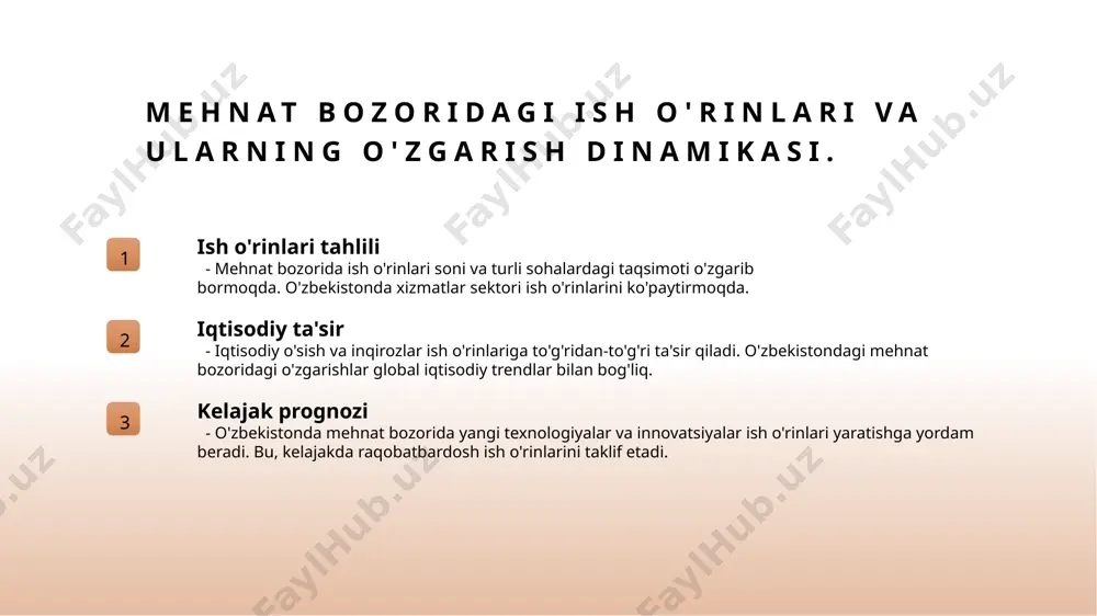 ga. iqtisodiy o'sish va bandlik: o'zbekiston misolida. iqtisodiy o'sish ta'rifi iqtisodiy o'sish — mamlakatning iqtisodiy faoliyat ko'rsatkichlarining oshishi. o'zbekistonda bu, asosan, sanoat va qishloq xo'jaligi sohalarida kuzatilmoqda. bandlik va o'sish iqtisodiy o'sish, ish o'rinlari yaratilishiga ta'sir qiladi. o'zbekistonda sanoat rivojlanishi 2020-yildan boshlab yangi ish o'rinlarini taqdim etdi. o'zbekistondagi misollar o'zbekistonda iqtisodiy o'sish, masalan, agrosanoat va turizm sohalarida bandlikni oshirishga yordam berdi. bu, ish o'rinlari muammolarini kamaytirdi. ishsizlikka ta'sir etuvchi iqtisodiy omillarni tahlil qilish. 01 iqtisodiy o'sish iqtisodiy o'sish darajasi ish o'rinlari ko'payishiga ta'sir qiladi. yuqori o'sish bandlik imkoniyatlarini oshiradi, bu esa ishsizlikni kamaytiradi. 02 investitsiya darajasi investitsiyalar mehnat bozoriga yangi imkoniyatlar yaratadi. yuqori investitsiya darajasi yangi ish o'rinlari ochilishida muhim rol o'ynaydi, ishsizlikni kamaytiradi. 03 ta'lim va malaka ta'lim darajasi va malaka ishchilarni bandlikda muhim ahamiyatga ega. yaxshi malakali ishchilar ish o'rinlariga kirish imkoniyatini oshiradi va ishsizlikni kamaytiradi. mehnat bozorida iqtisodiy siyosatning roli va ahamiyati. 1 iqtisodiy siyosatning ahamiyati iqtisodiy …
