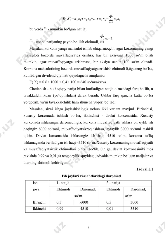 tavakkalchilikni miqdoriy aniqlash uchun biror voqea yoki xodisaning olib kelishi mumkin bo‘lgan oqibatlarini va bu oqibatlarning ehtimolini bilish kerak bo‘ladi. kutiladigan miqdor - bu mumkin bo‘lgan barcha natijalarning o‘rtacha o‘lchangan qiymatlari. bu yerda har bir natijaning ehtimoli ushbu mos qiymatlarning takrorlanish chastotasi yoki o‘lchovi. bu yerda - mumkin bo‘lgan natija; - ushbu natijaning paydo bo‘lish ehtimoli, masalan, korxona yangi mahsulot ishlab chiqarmoqchi, agar korxonaning yangi mahsuloti bozorda muvaffaqiyatga erishsa, har bir aksiyaga 1000 so‘m olish mumkin, agar muvaffaqiyatga erishmasa, bir aksiya uchun 100 so‘m olinadi. korxona mahsulotining bozorda muvaffaqiyatga erishish ehtimoli 0,6ga teng bo‘lsa, kutiladigan dividend qiymati quyidagicha aniqlanadi: e( x) = 0,6 • 1000 + 0,4 • 100 = 640 so‘m/aksiya. chetlanish - bu haqiqiy natija bilan kutiladigan natija o‘rtasidagi farq bo‘lib, u tavakkalchilikdan (yo‘qotishdan) darak beradi. ushbu farq qancha katta bo‘lsa yo‘qotish, ya’ni tavakkalchilik ham shuncha yuqori bo‘ladi. masalan, sizni ishga joylashishingiz uchun ikki variant mavjud. birinchisi, xususiy …