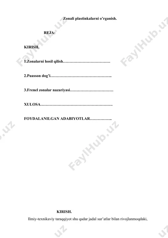 disasi frenel tomonidan amalga oshirilgan tajriba haqida tushunchalar keltirilgan. zonalarni hosil qilish. to‘siq uchraganda uning chetlarida orqasiga burilib ketish (diffraksiya) xususiyati har qanday to‘lqinlarning tarqalishiga xosdir. biroq, burilib ketish masshtabi to‘siq kattaligining to‘lqin uzunligiga nisbatiga bog‘liqdir. masalan, suv betida tarqaluvchi yirik to‘lqinlar suvdan chiqib turgan qoziq oyoq orqasiga bemalol to‘la burilib o‘tib ketadi, ammo jimirlash to‘lqinlari (mavj) esa qoziq orqasida ravshan ko‘rinadigan „soya" (jimjit joy) sohasini xosil qiladi gyuygens prinsipi, to‘lqinning oldingi momentdagi frontining har bir nuqtasi atrofida paydo bo‘lgan elementar to‘lqinlarga teguvchi o‘rama chiziq (urinma egri chiziq) o‘tkazish yo‘li bilan frontning keyingi—yangi vaziyatni belgilashga imkon beradi. bunday tasvir to‘lqinlarning to‘siq orqasiga burilib ketishidan darak beradi. 1-rasmda α teshikli aa' to‘siqqa tushuvchi vv' yassi to‘lqin ko‘rsatilgan. bu to‘lqin frontining bir qismi α teshikka keladi va natijada teshikchaning har bir nuqtasi elementar yarim sferik to‘lqinlar manbai bo‘lib oladi. bu elementar to‘lqinlar „o‘rovchisi"ning faqat o’rta qismigina yassi bo‘ladi va chetlari burilib ketadi. …