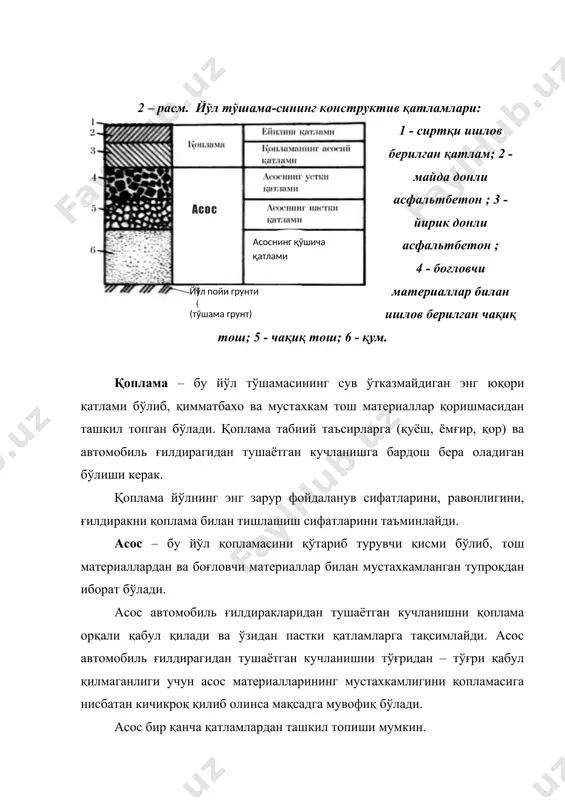 (асфальтбетон, цементбетон) · енгилаштирилган (асфальтбетон, органик материаллар билан қорилган); · ўтувчи (шағалли, чақиқ тошли, мостовой); · оддий турдаги (қшқ, тош материаллар, тупроқ); йўл тўшамалари автомобиль йўлларининг энг қиммат турувчи қисми хисобланади. унга кетадиган сарф харажатлар бутун йўлга кетадиган маблағнинг 60 % ни ташкил қилади. йўл тўшамасига бевосита транспорт юклари таъсир қилади. йўл тўшамалари энг мураккаб шароитда ишлайди. шунинг учун йўл тўшамасини танлашда жуда ахамиятли бўлиш керак. йўл тўшамасини лойихалаш 2 та кетма-кет бажарилувчи босқичлардан ташкил топган: 1. тузилмани танлаш; 2. хисоб ишлари. юк таъсирида ишлашидан келиб чиқиб, йўл тўшамасини 2 та гурухга ажратиш мумкин: · қаттиқ йўл тўшамалари; · қаттиқ эмас йўл тўшамалари. қаттиқ йўл тўшамалари – бу цементбетон қопламларидан иборат. қаттиқ эмас йўл тўшамалари – бу эгилишга кам қаршилик қилувчи тўшамалар. буларга цементобетон қопламаларидан бошқа хамма тўшама киради. 4 – расм. а - тош асосдаги цементбетон қоплама; б - шағал асосдаги асфальтбетон қоплама; в - бетон асосдаги икки қатламли …