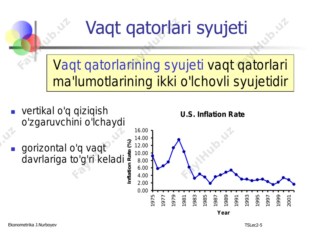 2000 2001 yil 2002 yil 2003 yil 2004 yil 1 2 3 4 5 6 20 40 30 50 70 65 𝑦 = 𝑏0 + 𝑏1𝑡 ◼ foydalanish vaqt (t) mustaqil o'zgaruvchi sifatida: ekonometrika j.nurboyev tslec2-31 trendga asoslangan prognozlash ◼ lineer trend modeli: sales trend 0 10 20 30 40 50 60 70 80 0 1 2 3 4 5 6 7 year s a le s yil vaqt davri (t) sotish (y) 1999 yil 2000 2001 yil 2002 yil 2003 yil 2004 yil 1 2 3 4 5 6 20 40 30 50 70 65 𝑦 = 12.333 + 9.5714𝑡 (davomi) ekonometrika j.nurboyev tslec2-32 trendga asoslangan prognozlash ◼ 7 davr uchun prognoz: sales 0 10 20 30 40 50 60 70 80 0 1 2 3 4 5 6 7 year s a le s yil vaqt davri (t) sotish (y) 1999 yil 2000 2001 yil 2002 yil 2003 …