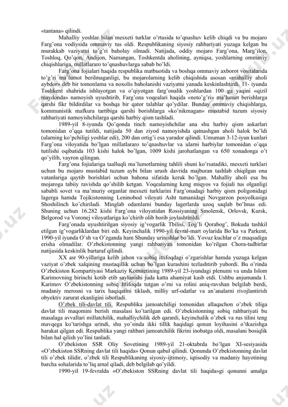 ng 80-yillari oxirida o’zbekistondagi ijtimoiy-siyosiy hayot.ma`lumki, xx asrning 70-80 yillarida sssrda iqtisodiyotning rivojlanish sura’ti tobora pasayib, sarf-xarajatlari ortib bordi. mavjud imkoniyatlarni hisobga olmasdan ishlab chiqilgan ijtimoiy, oziq-ovqat, agrar, energetika, ekologiya va boshqa sohalardagi dasturlar samara bermadi, iqtisodiy ziddiyatlarni chuqurlashtirib yubordi. farg’ona fojeasi. qayta qurish millatlararo munosabatlarning keskinlashuvida ham o’z aksini topdi. uzoq yillar davomida to’planib, shakllangan ijtimoiy-iqtisodiy, siyosiy, madaniy sohadagi muammolarning millatlararo munosabatlarga ta’sir etmasligi mumkin emas edi. 1989-yil may-iyun oylarida farg’ona, toshkent viloyatlarida va andijon shahrida millatlararo mojarolar ro’y berdiki, u respublikada va butun mamlakatda g’oyat darajada katta shov-shuvlarga sabab bo’ldi hamda respublikada siyosiy vaziyatning keskin tus olishiga olib keldi. ma’lumki, ikkinchi jahon urushi yillarida mustabid tuzum tomonidan deportatsiya qilingan bir qator xalqlar qatorida mesxeti turklari ham bo’lib, ular asosan aholi zich yashaydigan farg’ona viloyatiga, bir qismi andijon, namangan va toshkent viloyatlariga joylashtirilgan, buning oqibatida esa ijtimoiy-iqtisodiy va millatlararo munosabatlarda qo’shimcha muammolar yuzaga kelgan edi. bu muammoga sovet davlati …