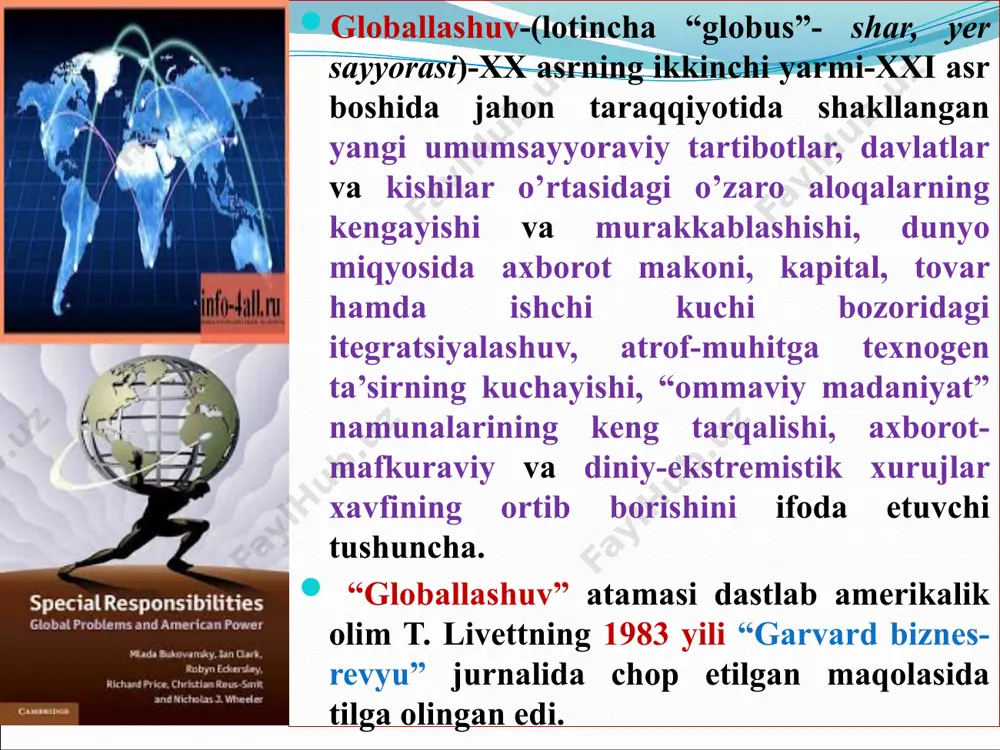 an u bilan uzviy bog‘liq bо‘lgan boshqa mamlakatlar va mintaqalarga о‘tadi; -- turli tovarlar va xizmatlar jahon bozorlarining yaratilishi; -- kо‘rsatilgan tovarlar va xizmatlarga jahon narxlarining shakllanishi, ular mazkur tovarlar va xizmatlar milliy ishlab chiqaruvchilarining siyosatini kо‘p jihatdan belgilashi. globallashuvning serqirraligi jahon bozorini sezilarli darajada о‘zgartirdi, jahon xо‘jaligi о‘ziga xos xususiyatlarini namoyon etib, milliy xо‘jaliklardan kuchliroq va muhimroq tus olishiga imkoniyat yaratdi. quyidagilar globallashuv serqirraligining muhim xususiyatlari hisoblanadi: 1970-yillardan globallashuv о‘z rivojlanishining yangi bosqichiga kо‘tarildi va serqirra tus oldi. ayni shu davrda axborot-texnologiya inqilobining rivojlanishi jadallashdi, mif, din, falsafa, fan, ekologiya bilan bir qatorda global ong ijtimoiy ongning yana bir shakli sifatida paydo bо‘ldi. rim klubi. yuqorida qayd etilgan qarashlardagi tub burilish asosan rim klubi faoliyati ta’sirida yuz berdi. 1968 yil rimda о‘zining birinchi majlisiga yig‘ilgan olimlar, faylasuflar va jamoat arboblarining bu nufuzli xalqaro tashkiloti hozirgi davrning eng muhim umuminsoniy muammolari bо‘yicha ma’ruzalar tayyorlash va e’lon qilishni о‘z oldiga vazifa …