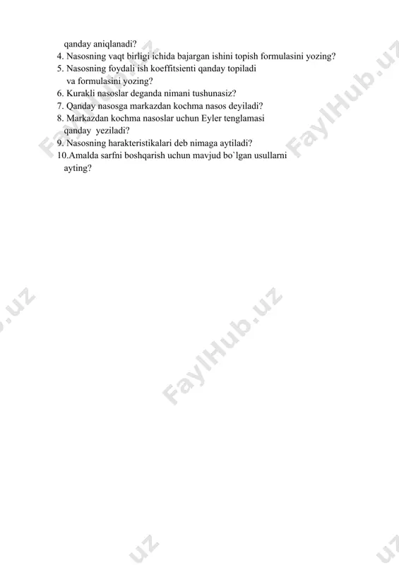 nasoslarning asosiy parametrlarini yozing? 3. nasoslarning vaqt birligi ichida surgan suyuqlik xajmi qanday aniqlanadi? 4. nasosning vaqt birligi ichida bajargan ishini topish formulasini yozing? 5. nasosning foydali ish koeffitsienti qanday topiladi va formulasini yozing? 6. kurakli nasoslar deganda nimani tushunasiz? 7. qanday nasosga markazdan kochma nasos deyiladi? 8. markazdan kochma nasoslar uchun eyler tenglamasi qanday yeziladi? 9. nasosning harakteristikalari deb nimaga aytiladi? 10.amalda sarfni boshqarish uchun mavjud bo`lgan usullarni ayting? image1.png