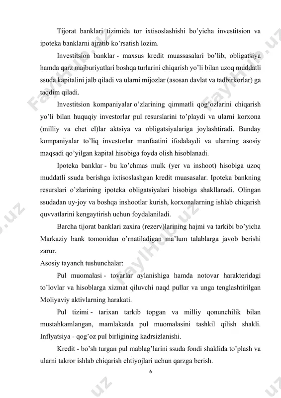 ratsiyalari. banklar - kredit munosabatlariga xizmat qilib, kredit tizimining negizini tashkil qiluvchi maxsus muassasalar. bank operatsiyalari - mablag’larni jalb qilish va ularni joylashtirish bo’yicha amalga oshiriladigan operatsiyalar. o’zbekistonda pul-kredit sohasidagi mavjud vaziyat va monetary siyosat. 2017 yilda boshlangan iqtisodiyotni liberallashtirish va bozor mexanizmlari rolini oshirishga qaratilgan iqtisodiy islohotlarning yangi bosqichi o‘rta muddatli istiqbolda bank tizimi va pul-kredit siyosatini rivojlantirishning ustuvor yo‘nalishlarini belgilab berdi. 1994 yildan boshlab1 o‘zbekistonda amalga oshirilgan pul-kredit siyosati ham pul massasining keskin o‘sib ketishini oldini olish orqali milliy valyuta barqarorligini ta’minlash maqsadlariga qaratildi. bunda rezerv pullar va pul massasining o‘zgarishi operatsion hamda oraliq mo‘ljallar sifatida qo‘llanildi. mazkur rejim rasman monetar targetlash deb tasniflansa-da, amaliyotda milliy valyutaning almashuv kursini dollarga bog‘lash orqali bosqichma-bosqich devalvatsiya qilib borilganligi tufayli ba’zi xalqaro institutlar va mutaxassislar tomonidan ushbu rejim aralash turga kiritilgan. bir vaqtning o‘zida ikki maqsadga yo‘naltirilgan almashuv kursi siyosati tashqi shoklar vujudga kelgan sharoitlarda samarasiz ekanligini ko‘rsatdi. bunda bir tomondan …