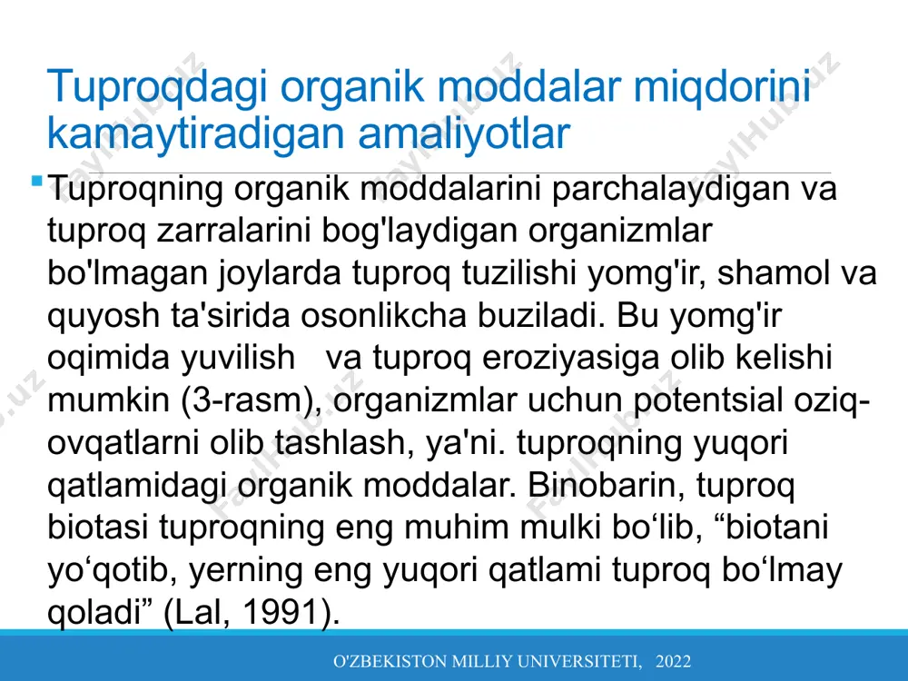 h jiddiy uzoq muddatli oqibatlarga olib keladi. tabiiy o'simliklar va o'simlik qoldiqlarini yoqish o'zbekiston milliy universiteti, 2022 tabiiy o'simliklar va o'simlik qoldiqlarini yoqish o'zbekiston milliy universiteti, 2022 5-rasm: qishloq xo'jaligi ishlab chiqarishining intensiv tizimlarida qoldiqlarni yoqish - erni tozalash uchun keng tarqalgan amaliyotdir. butun dunyoda yaylov erlarini unumdorlik qobiliyatidan ortiq zaxiralash tendentsiyasi mavjud. sigirlar, chorva mollari va mayda kavsh qaytaruvchi hayvonlar umumiy yaylovlarda, shuningdek, yoʻl boʻylarida, soy boʻylarida va boshqa kommunal yerlarda oʻtlanadi (6-rasm). haddan tashqari yaylov o'simlik aralashmasidagi eng mazali va sog'lom turlarni yo'q qiladi va o'simlik qoplamining zichligini pasaytiradi, shu bilan eroziya xavfini oshiradi va erning ozuqaviy qiymati va yuk ko'tarish qobiliyatini pasaytiradi. haddan tashqari yaylovlashtirish o'zbekiston milliy universiteti, 2022 tabiiy o'simliklar va o'simlik qoldiqlarini yoqish o'zbekiston milliy universiteti, 2022 6-rasm. hayvonlar asmara yaqinidagi yaylovda. ko'pgina fermerlar ekin qoldiqlarini daladan olib tashlashadi, hayvonlar uchun ozuqa va to'shak sifatida yoki kompost tayyorlash uchun (7-rasm). keyinchalik, bu qoldiqlar o'g'it yoki …