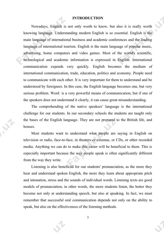 ound the world. the urgency of the problem is related to the need to develop students' listening skills, because it is of great importance for the practical use of english at any level, we know that many people cannot speak english fluently and correctly. we should say that the demands of the modern program are high and in many cases listening skills are not as important as grammar or reading in practical teaching. as a result, students often cannot understand native speakers and therefore express their wishes, requests, suggestions, and therefore the problem is how to achieve good results in practical english teaching. here we face the difficult problem of how to find more effective ways to teach listening. the object of my research is to teach a practical course to the students in secondary schools. the aim of my term paper is to develop methodical methods of teaching listening. …