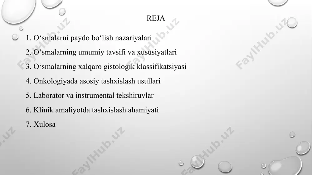 (benign) va yomon (malign) ko‘rinishda uchraydi. yaxshi o‘smalar ko‘pincha sekin o‘sadi, atrof to‘qimaga kam tarqaladi va uzoq metastaz bermaydi. yomon o‘smalar esa tez ko‘payadi, invaziv o‘sadi va boshqa a’zolarga metastaz berish xususiyatiga ega. o‘smalar organizm faoliyatining izdan chiqishiga olib keladi. o‘smalarning o‘sish mexanizmlari har bir o‘smalarning o‘sish sur’ati, o‘sish turlari va organizm bilan o‘zaro ta’siri turlicha bo‘ladi. o‘smali hujayralar tabiatiga ko‘ra, atrof to‘qimalarni siqib yoki ular ichiga kirib o‘sadi. ba’zan o‘smalar limfa va qon yo‘llari orqali metastazlar beradi. o‘smalarning hayotiy faolligi ularning diferensirovkasi va morfologik tuzilishi bilan bog‘liq. o‘smalarning xalqaro gistologik klassifikatsiyasi o‘smalarning xalqaro tan olingan klassifikatsiyasi xalqaro sog‘liqni saqlash tashkiloti talablariga muvofiq ishlab chiqilgan. ularning asosida gistogenez (kelib chiqish manbai), morfologik tuzilishi va biologik xususiyatlari yotadi. eng ko‘p qo‘llaniladigan klassifikatsiyalar - who (world health organization) va tnm tizimlaridir. who gistologik klassifikatsiyasi who tomonidan ishlab chiqilgan o‘smalarning gistologik klassifikatsiyasi har bir o‘smali to‘qimaning kelib chiqish manbai, struktura va o‘sish xususiyatlariga …