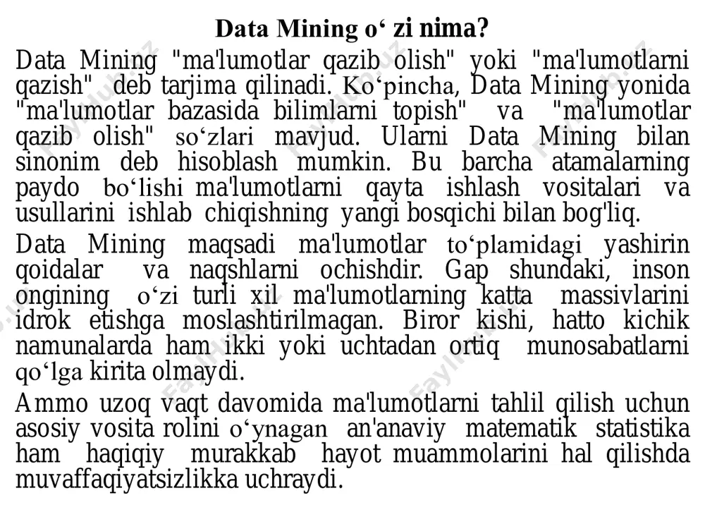 chun qilingan firibgarliklarni kuzatib, big data-dan foydalangan. buning yordamida ular har yili 2 milliard dollardan ko„proq mablag'ni tejashga imkon beradi. germaniya mehnat vazirligi ishsizlik bo„yicha nafaqa berish bo„yicha katta ma'lumot tizimini joriy etish orqali xarajatlarni 10 milliard evroga kamaytirishga muvaffaq bo„ldi. shu bilan birga, fuqarolarning beshdan biri bu imtiyozlarni hech qanday sababsiz olayotganligi aniqlandi. data mining o„yin sanoatini qo„ldan boy bermadi. shunday qilib, world of tanks-ning ishlab chiquvchilari barcha o„yinchilar haqida ma'lumotni o„rganishdi va ularning faoliyatining mavjud ko„rsatkichlarini solishtirishdi. bu kelajakda o„yinchilarning ketishini taxmin qilishda yordam berdi - qilingan taxminlarga asoslanib, tashkilot vakillari foydalanuvchilar bilan yanada samarali aloqada bo„lishdi. taniqli yirik ma'lumotlar tashkilotlariga hsbc, nasdaq, coca- cola, starbucks va at&t kiradi. katta ma'lumotlarning eng katta muammosi - uni qayta ishlashning narxi.bunga qimmatbaho uskunalar va katta miqdordagi ma'lumotlarga xizmat ko„rsatadigan malakali mutaxassislarning ish haqi xarajatlari ham kirishi mumkin. shubhasiz, uskunalar doimiy ravishda yangilanib turilishi kerak, shunda u ma'lumotlarning ko„payishi bilan minimal …