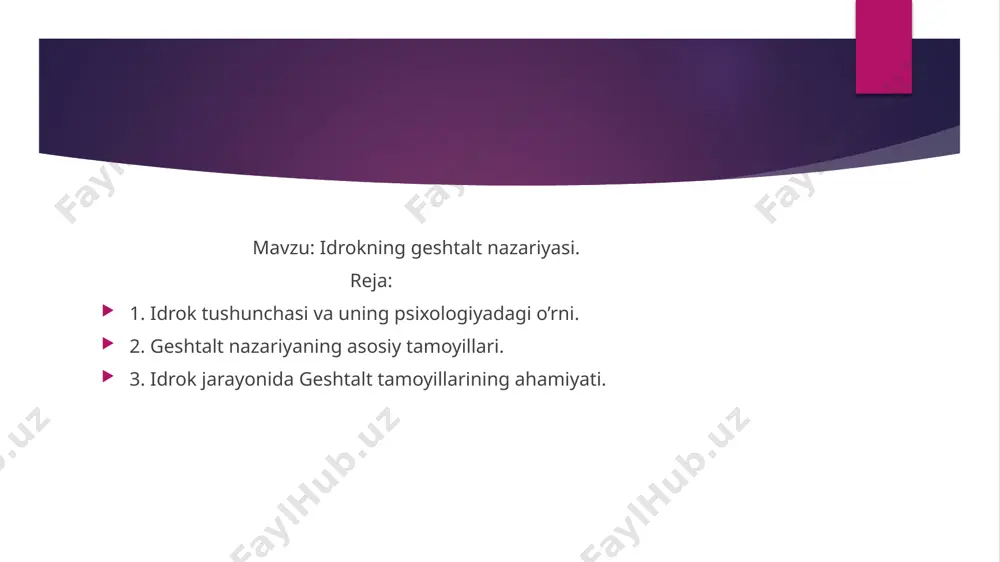 musiqada) sensor integratsiya muammolari (bolalarda) geshtalt psixologiya (nem. gestalt — shakl, obraz, qiyofa, tashqi koʻrinish va psixologiya) — psixologiyadagi oqimlardan biri. 20-asrning 20— 30-yillarida germaniyada yuzaga kelgan. geshtaltpsixologiya fon erenfelsning yaxlitlik idrokning asosiy sifati deb hisoblaydigan taʼlimotiga asoslanadi. assotsiativ psixologiyaga (qarang assotsiatsiya) zid ravishda geshtaltpsixologiya psixikaning birlamchi va asosiy elementi sifatida sezgilarni emas, balki yaxlit obrazlar — geshtaltlarni tan oladi. geshtaltpsixologiya tarafdorlari (m. vertxeymer, v. kyoler, k. koffka, k. levin va b.) psixika mohiyatini idrokning oʻziga xosligi, yaxlitlik bilan izoxlaydilar. geshtaltpsixologiya namoyandalari asarlarida idrokning shakllanishida tajribaning oʻrni oʻrganilmagan va bunga eʼtibor ham berilmagan. ular nuqtai nazariga koʻra, geshtaltlar (obrazlar) goʻyo odam miyasidagi elektrik jarayonlar tufayli yuzaga keladi. 20-asrning 40-yillarida v. kyoler miyadagi elektr maydonlari oʻzaro munosabatlari xususidagi fikrni miya qismlari elektr zaryadlari bilan toʻyinishi haqidagi gʻoyalar bilan toʻldirdi. bu elektr zaryadlar miyaning u yoki bu qismida uzoq vaqtli qoʻzgʻalishlarni yuzaga keltiradi. ularning miya bir qismidan kamroq toʻldirilgan boshqa qismiga oʻtishi …