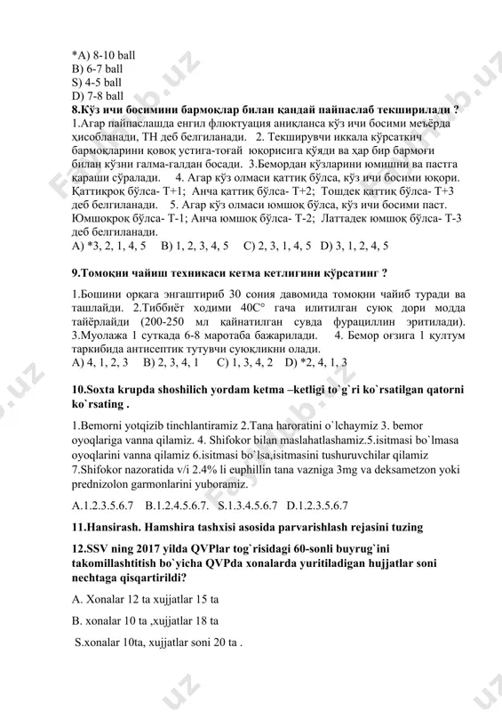 va deksametzon yoki prednizolon garmonlarini yuboramiz. a.1.2.3.5.6.7 b.1.2.4.5.6.7. s.1.3.4.5.6.7 d.1.2.3.5.6.7 11.hansirash. hamshira tashxisi asosida parvarishlash rejasini tuzing 12.ssv ning 2017 yilda qvplar tog`risidagi 60-sonli buyrug`ini takomillashtitish bo`yicha qvpda xonalarda yuritiladigan hujjatlar soni nechtaga qisqartirildi? a. xonalar 12 ta xujjatlar 15 ta b. xonalar 10 ta ,xujjatlar 18 ta s.xonalar 10ta, xujjatlar soni 20 ta . d. xonalar 14 ta,xujjatlar 25 ta 13.arterial bosimni o`lchash algoritmini yozing (bu ochiq test, javob algoritm shaklida to`liq yoziladi) 14.brudzinskiy yuqori simptomi to‘g‘ri ko‘rsatilgan qatorni belgilang a. bemor boshi oldinga egilganda oyoqlar tizza bo‘g‘imida bukilishi b. bemorni qov sohasiga bosilganda oyoqlar tizza bo‘g‘imida bukilishi s. oyoqlar tizza bo‘g‘imida bukilganda bukiladi lekin yozilmaydi d. uch oyoqli simptomi 15.qon guruxini aniklash amaliyotini bajarishda yul kuyiladigan xatolar qaysi variantda to’g’ri kеltirilgan: a. qon tomchisi juda ko`p olingan bo`lsa, xona xarorati 250 s dan yuqori bo`lsa * b. zardob tomchisi qon tomchisidan kichik bo`lsa, xona xarorati 250 s dan …