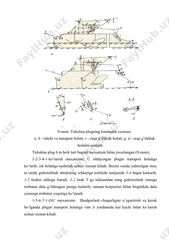 a g’ildirak va orqa g’ildirak mexanizmlari tirkalma plugning oldingi va orqadagi korpuslarini bir xil yoki har xil chuqurlikda o’rnatib ishlatish imkonini beradi. tirkalma plugni agregatlash uchun traktor tanlash osonrok bo’lib, uni traktorga simmetrik ulamasdan haydalgan tomonga surib kuyib ishlatsa ham bo’ladi. bu holatda traktorning boshkaruvchanligi birmuncha kiyinlashsa ham uning g’ildiraklarini shudgorlangan yerda emas, dala yuzasida harakatlantirish mumkin. natijada shudgorlangan joy zichlanmaydi. yuqoridagilardan tashqari traktorning buylama vertikal tekislikdagi engashishlari tirkalma plugga ta`sir ko’rsatmaydi. shu tufayli plug harakatining ravonligi to’liqrok ta`minlanib, shudgorlash chuqurligi bir tekis bo’ladi. maxsus pluglarning aksariyati tirkalma variantlarda ishlatiladi. tirkalma plugni sozlash. agrotexnika talablariga kura oldindan belgilangan chuqurlikka plugni o’rnatishni maxsus maydonchada bajarish kerak. tayinlangan a chuqurlikka o’rnatish uchun plugni tekis maydonga kuyib, dala g’ildiragining tagiga balandligi a ga teng bo’lgan kistirma o’rnatiladi (10-rasm) va dala g’ildiragi mexanizmi yordamida korpuslar maydoncha yuzasiga to’liq tushiriladi. keyin shudgor g’ildiragi mexanizmi yordamida plug ramasi kundalangiga gorizontal holatiga keltiriladi. oxirgi korpus tagiga 1,0...1,5 …
