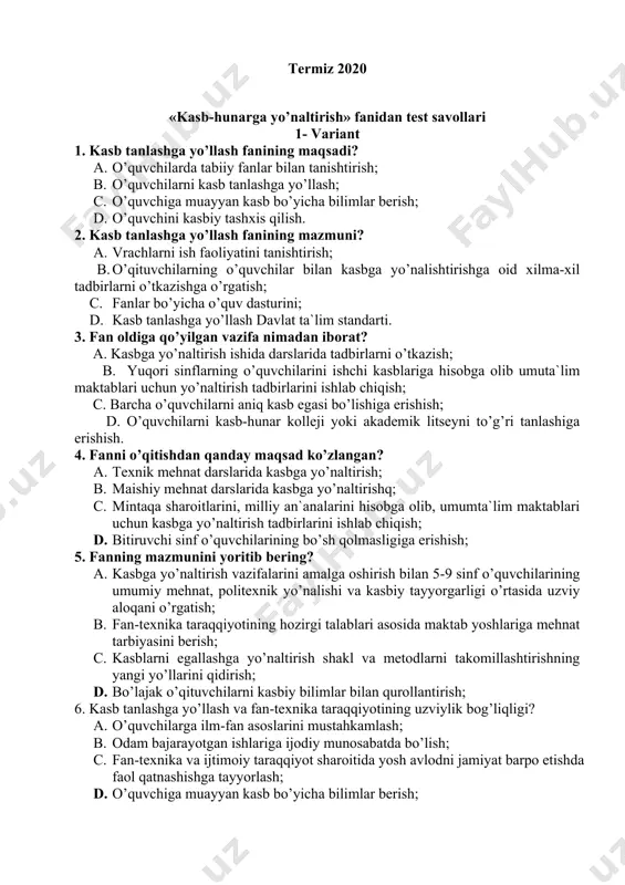 ni yoritib bering? a. kasbga yo’naltirish vazifalarini amalga oshirish bilan 5-9 sinf o’quvchilarining umumiy mehnat, politexnik yo’nalishi va kasbiy tayyorgarligi o’rtasida uzviy aloqani o’rgatish; b. fan-texnika taraqqiyotining hozirgi talablari asosida maktab yoshlariga mehnat tarbiyasini berish; c. kasblarni egallashga yo’naltirish shakl va metodlarni takomillashtirishning yangi yo’llarini qidirish; d. bo’lajak o’qituvchilarni kasbiy bilimlar bilan qurollantirish; 6. kasb tanlashga yo’llash va fan-texnika taraqqiyotining uzviylik bog’liqligi? a. o’quvchilarga ilm-fan asoslarini mustahkamlash; b. odam bajarayotgan ishlariga ijodiy munosabatda bo’lish; c. fan-texnika va ijtimoiy taraqqiyot sharoitida yosh avlodni jamiyat barpo etishda faol qatnashishga tayyorlash; d. o’quvchiga muayyan kasb bo’yicha bilimlar berish; 7. kasbni to’g’ri tanlashning ahamiyati? a. tabiat va jamiyat hodisalarini tahlil qilish; b. yoshlarni kasbga yo’naltirishga oid bir qancha amaliy masalalarni hal qilish; c. qiziqish, moyillik, qobiliyat va imkoniyatlarini hisobga olgan holda kasb tanlash; d. kasb tanlashda aniq mutaxasislikni tanlab olish; 8. mintaqaviy xususiyatlar deb nimani tushunasiz? a. maktab tizimi; b. sanoat, qishloq xo’jalik, madaniyat …
