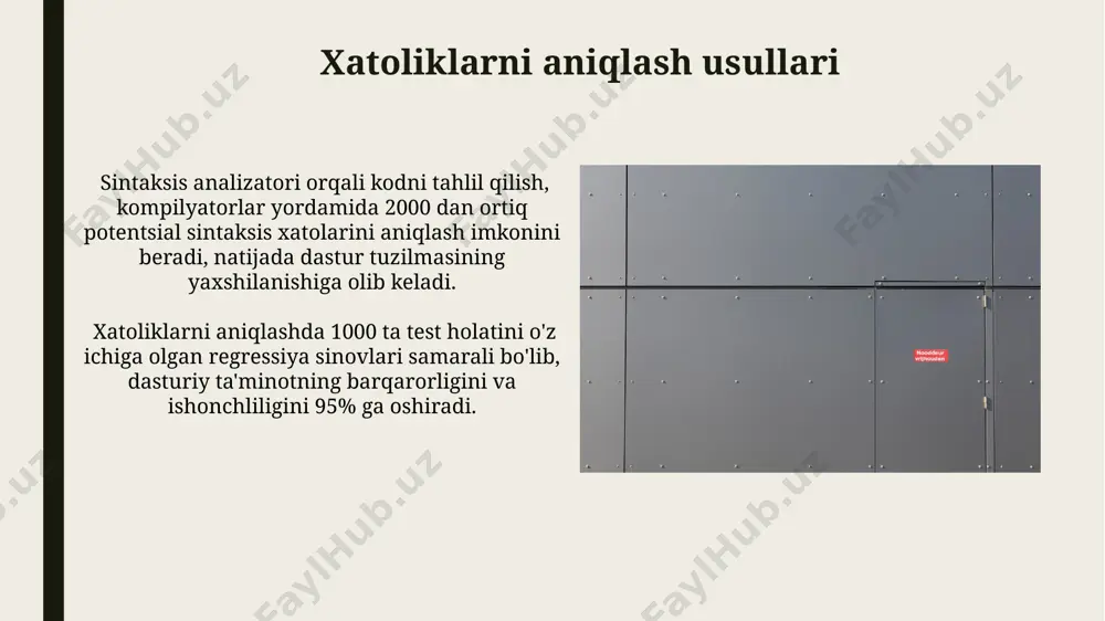 odi bilan ko'rsatilishi mumkin. xatoliklarni sintaktik, semantik va mantiqiy xatolarga bo'lish mumkin, bunda sintaktik xatolar 10% dan ortiq bo'lsa, dastur ishga tushmaydi. xatoliklarni tuzatish strategiyasi xatoliklarni tuzatish strategiyasi, 90% hollarda, oldindan rejalashtirilgan tekshiruvlar va algoritmlarga tayanadi, bu esa xatolar sonini 5-10% gacha kamaytiradi. dinamik xatoliklarni aniqlash tizimi, real vaqtda 20 ms ichida javob berib, 99% aniqlik bilan tizimdagi buzilishlarni aniqlaydi va tuzatadi. kompilyatorlar va interpretatorlarning roli interpretatorlar esa manba kodini satrma-satr talqin qiladi va xatoliklarni darhol aniqlaydi, lekin bajarilish tezligi kompilyatorlarga nisbatan pastroq bo'ladi, chunki har bir satrni bajarishdan oldin talqin qilish kerak. kompilyatorlar manba kodini mashina kodini 0 va 1 lar ketma-ketligidan iborat bo'lgan bajarilishga tayyor dasturga aylantiradi, bu esa bajarilish tezligini oshiradi, lekin xatoliklarni faqat kompilyatsiya jarayonida aniqlaydi. mantiqiy xatoliklar mantiqiy xatolarni tuzatish, sintaksis xatolariga qaraganda ancha murakkab bo'lib, ularni aniqlash uchun 5 dan ortiq test holatlarini talab qilishi mumkin va ko'pincha debugger vositalaridan foydalanishni talab qiladi. mantiqiy …
