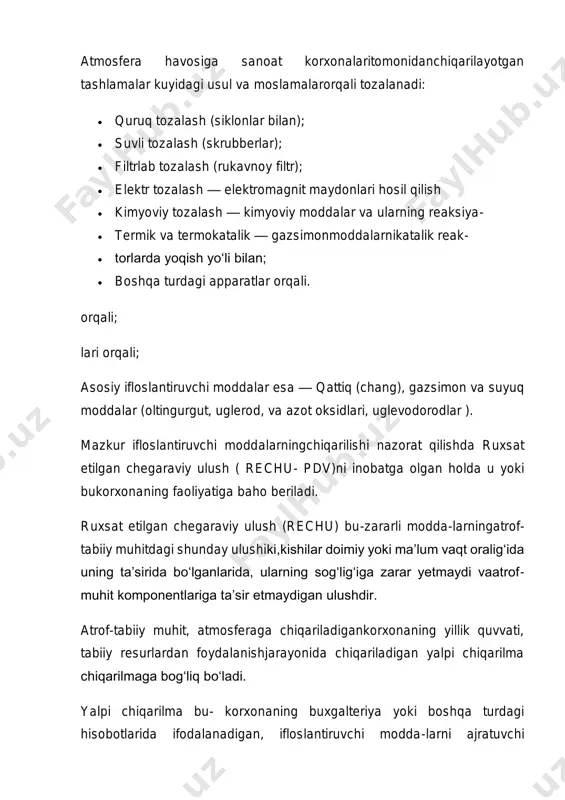 ko‘rsatilgan belgilangan me’yoriy ko‘rsatgichlardan oshmaslik choralari ko‘rish maqsadida respublika-mizda faoliyat yuritayotgan yirik-yirik sanoat korxonalarining sanitariya-himoya zonalari belgilab berilgan. sanitar – himoya zonasi (s’hz) – zaxarli kimyoviy moddalar tevarak-atrof (atmosfera, tuproq, suv manbalari) ning tarqalayotgan ulushini, o‘zbekiston respublikasi tabiatni muhofaza qilish davlat qo‘mitasi tomonidan o‘rnatilgan me’yordarajasini saqlovchi, kor-xona va aholi yashaydigan hududlar oralig‘ida maxsus ajratilgan kengliklar va o‘simliklar o‘sadigan hududlardir. ularning miqdori belgilangan me’yorlardan ortgan taqdirdanazorat qiluvchi organlar(o‘zbekiston respublikasi favqulotda vaziyatlar xuzuridagi gidrometeorologiya markazi (uzgidromet), o‘zbekiston ekologiya va atrof- muhitni muhofaza qilish davlat qo‘mitasi, o‘zbekiston“uzgeotexkonazorat” davlat inspeksiyasi, o‘zbekiston respublikasi sog‘liqni saqlash vazirligixuzuridagi dsenm (davlat sanitariya epidemiologiya nazorat markazi) tomonidano‘zbekistonrespub-likasining “ma’muriy kodeksi” va respublikasi vazirlar mahkamasining “chiqindilar to‘g‘risida“gi, “o‘zbekiston respublikasi xududidaatrof-tabiiy muhit ifloslantirilganligi va chiqindilar joylashtirganligi uchun to‘lovlar tizimini takomillashtirish to‘g‘risida”gi №199-sonli qarorlarining tegishli bandlariga asosankorxona va muassasalartomonidankompensatsion to‘lovlar, mansabdor shaxslar va fuqarolardan jarimalar unidirilishi belgilab qo‘yilgan. atmosfera havosining yana bir muhim iqlim o‘zgarishiga olib keluvchi manba “bug‘li effekt”ta’siridayer sharining qaysidir xududida …