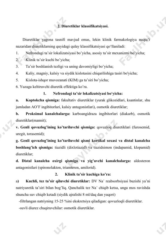 olib kelmaydi. kuchli diurezni faqat kanalchalarda natriy va suv reabsorbsiyasini bloklashi orqali olish mumkin. shunday ekan, bu preparatlar asosiy diuretiklar sifatida qo’llanilmaydi, faqat ularga maxsus ko’rsatmalar bo’lganda ishlatiladi. masalan, yurak yetishmovchiligida yug diurezning oshishiga olib keladi. ksantin unumlari bilan diuretik sifatida monoterapiya hozirda qo’llanilmaydi. ammo koptokcha qismi ishemiyasida qovuzloqli diuretiklar bilan birga kuchli diuretik effekt beradi. hozirgi kunda fakultativ diuretiklarga kalsiy antagonistlari, ao’f ingibitorlari, dopamin agonistlarini ham kiritish mumkin. nefronning proksimal kanalchalarida ta’sir qiluvchi diuretiklar. nefron proksimal kanalchalarida natriy va suv reabsorbsiyasini amalga oshiruvchilar: -osmotik diuretiklar (mannitol, mochevina, sorbitol); -karboangidraza ingibitorlari (atsetazolamid). osmotik diuretiklar: mannitol, mochevina, sorbitol mannitol chiqish shakli - 15% li 200-400 ml flakonda, vena ichiga tomchilatib yuboriladi. mochevina, sorbitol koptokcha filtridan oson o’tadi, kanalchada deyarli reabsorbsiyalanmaydi va farmakologik jihatdan nofaol xisoblanadi. plazma osmolyalligini oshirish maqsadida katta dozalarda buyuriladi. osmotik diuretiklar nefron barcha qismlarida ta’sir qiladi, lekin asosan proksimal sohada ta’siri yuzaga keladi. ular osmotik faol modda bo’lib, …