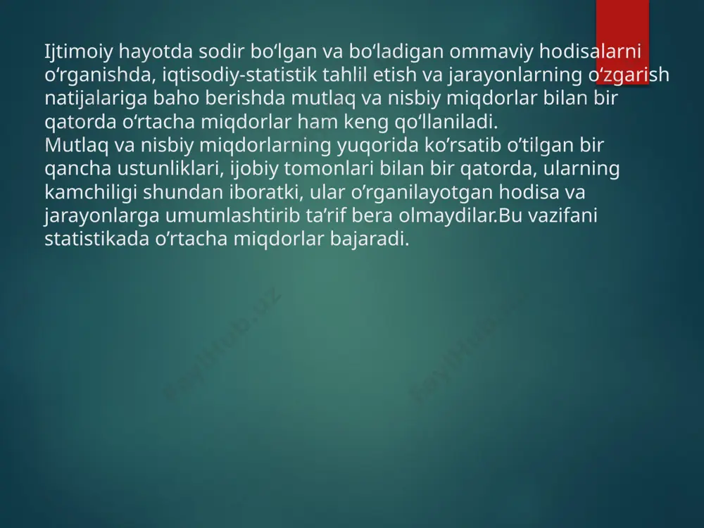 adigan to`plam hajmi qisqarishi hisobiga kuzatish dasturini ob`ektlarning yangi muhim belgilari bilan boyitish va har bir birlik haqida to`la va batafsilroq ma`lumotlar to`plash imkoniyati tug’iladi; strengths vaqt va mablani tejash. agar tanlanma kuzatishda bosh to`plamning, masalan, faqat 2 foiz birliklari qatnashsa, u holda kuzatish ishlarining hajmi 50 marta (100:2) kamayadi, sarflanadigan vaqt va mabla ham deyarli shuncha marta tejaladi tanlanma tekshirish umuman quyidagi maqsadlarni ko`zlaydi: make a big impact with our professional slides and charts tasodifiy xatolar kuzatish jarayonida ko`rsatkichlarning miqdorlarini o`zgartirish ko`zlanmasdan, shuningdek, kuzatish usullari va asboblarining kamchiliklari bilan bog’liq bo`lmagan holda yo`l qo`yilgan xatolar tasodifiydir. katta sonlar qonuniga binoan tanlanmaning miqdori oshgan sari tasodifiy xatolar kamayib boradi. sistematik (muntazam) xatolar muntazam xatolar o`z navbatida ko`zlanmagan va ko`zlangan bo`lishi mumkin. o`lchash asboblarining noaniqligidan, tanlash va kuzatish usullarining kamchiliklaridan ko`zlanmagan muntazam xatolar kelib chiqadi. make a big impact with professional slides, charts, infographics and more. turn complex data into easy …