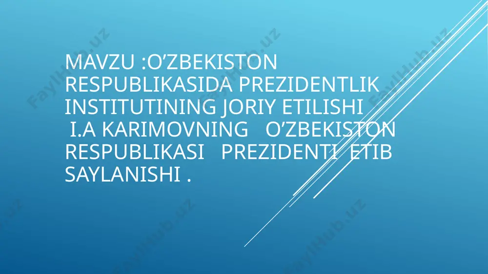 lan besh yil muddatga saylanadi. prezidentni umumiy, teng, to‘g‘ridan-to‘g‘ri saylov asosida yashirin ovoz berish yo‘li bilan saylash dunyoning 110 ta davlatida qabul qilingan usuldir. o‘zbekistondagi prezidentlik institutining o‘ziga xosligi shundaki, bizda davlat boshlig‘ining vakolatida fuqarolarning huquqlari va erkinliklariga, o‘zbekiston respublikasining konstitutsiyasi va qonunlariga rioya etilishiga kafillik belgilanganligi, davlat hokimiyati organlarining kelishilgan holda faoliyat yuritishini hamda hamkorligini ta’minlashi, prezident saylovi kuni konstitutsiyada aniq belgilab qo‘yilgani, saylov komissiyalarining a’zolari saylovdan manfaatdor biron bir partiya a’zosi, yoki nomzod, uning ishonchli vakili bo‘lishi mumkin emasligi, prezident saylovining moliyaviy ta’minoti davlat mablag‘lari tomonidan qoplanishi va teng taqsimlanishi, nomzodlardan hech qanday saylov garovi, saylov fondini tashkil etish talab qilinmasligi, nomzodlarga saylovoldi tashviqotini o‘tkazish uchun davlat hisobidan teng efir vaqti va bosma maydon ajratilishi, yig‘ilishlar va uchrashuvlar o‘tkaziladigan vaqt hamda joy haqida saylovchilarga barvaqt xabar qilinishi, davlat organlari, jamoat birlashmalari, korxonalarning, muassasalarning, tashkilotlarning rahbarlari, fuqarolarning o‘zini o‘zi boshqarish organlari o‘zbekiston respublikasi prezidentligiga nomzodlarga saylovchilar bilan uchrashuvlar o‘tkazishni …