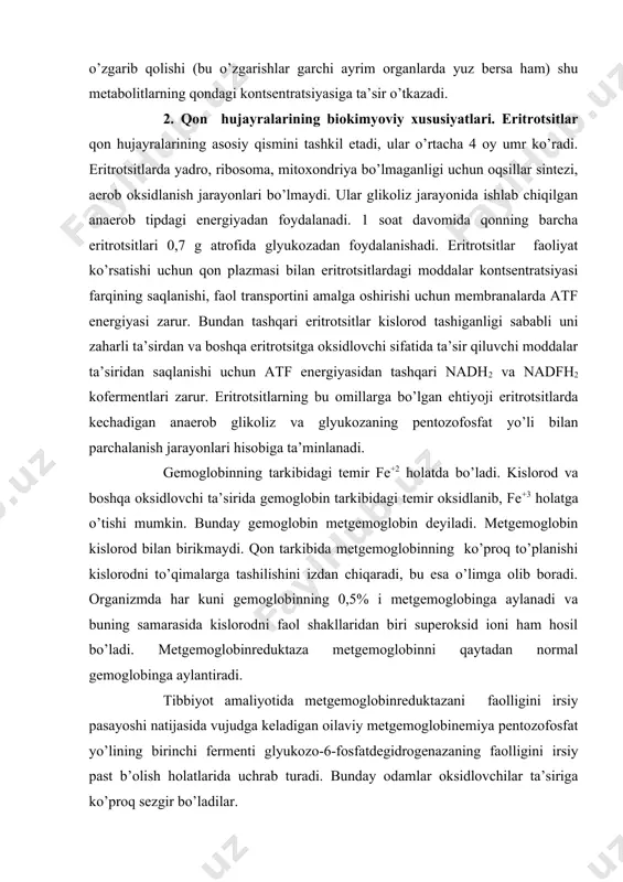 i. bazofillar allergik reaktsiyalarning mediatorlari – gistamin, serotonin, geparinni sintezlaydi va to’playdi. allergiya rivojlanishida bu moddalar bazofil granulalaridan ajralib chiqadi va mahalliy shamollash reaktsiyasini chaqiradi. geparin lipoproteidlipaza faollanishida va triatsilglitserinlar parchalanishida ishtirok etadi. bundan tashqari ular qonning ivishini oldini oladi. eozinofillar allergik reaktsiyalarda ishtirok etadi, shu sababli ularning miqdori organizmning sensibilizatsiyasida oshadi. eozinofillar kam faollikda bo’lsada oqsil sintezlay oladi. energiyaning hosil bo’lishi asosan glikolizda faol boradi; oksidlanishli fosforlanish kam faollikka ega. neytrofillar singari bu hujayralarda ham peroksidaza va lizosomal fermentlarning katta to’plami mavjud, lekin lizotsim uchramaydi. eozinofillar gistaminni to’plash va faolsizlantirish xususiyatiga ega. ularda trombning “erishi” jarayonida ishtirok etuvchi profibrinolizin, bradikininni faolsizlantiruvchi – kininaza fermentlari mavjud. monotsitlar fagotsitoz qilish qobiliyatiga ega bo’lib, neytrofillarga o’xshash antimikrob faollikni namoyon qiladi. limfotsitlar gumoral va hujayra ichki immunitetini shakllanishida muhim vazifani bajaradi. limfotsitlarning bunday ixtisoslashgan funktsiyasi immunoglobulinlarni konveyer holida ishlab chiqishni talab etadi, shu sababli ular kuchli oqsil sintezlovchi apparatga ega bo’lib, faolligi jihatidan …