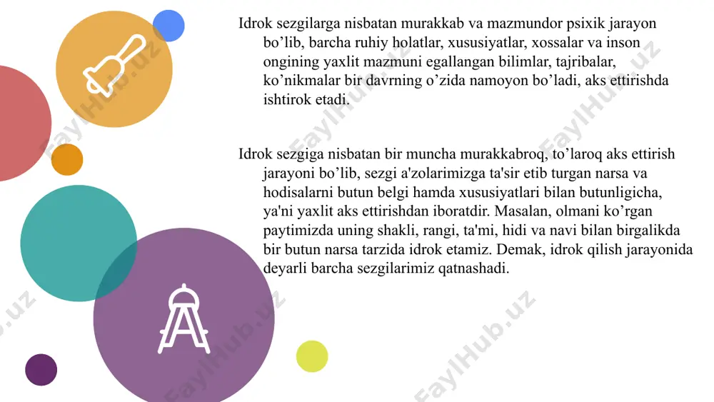 ktiv illyuziya. ob'ektiv illyuziya - hamma odamlar uchun umumiy xarakterga ega bo’lib, uni geometrik illyuziya deb ham yuritiladi. ob'ektiv illyuziya biz idrok qilayotgan narsalarning o’zaro bir-biriga ta'siri tufayli yuz beradi. illyuziyaning bu turi har xil geometrik shakllarni idrok qilishda juda yaqqol ko’rinadi. masalan, uzunligi 159 baravar bo’lgan ikkita gorizontal to’g’ri chiziq chizilsa, bu chiziqlarning uchlariga tashqariga qaratilgan va ichkariga qaratilgan chiziq kattaroq bo’lib ko’rinadi. sub'ektiv illyuziyalar - odamning ayni chog’dagi hissiy holati bilan bog’liq bo’ladi. boshqacha qilib aytganda, odamning hissiy holatida ro’y beradigan o’zgarishlar idrok jarayoniga ta'sir qiladi. masalan, yuqorida aytib o’tilganidek, odam kechasi yolg’iz ko’chada qo’rqib ketayotgan bo’lsa, har bir sharpa uning qo’rqinch hissini kuchaytirib yuboradi. natijada uning ro’parasidan chiqib qolgan butalgan daraxt qandaydir dahshatli mavjudotga o’xshab ko’rinadi. parallel qilib chizilgan bir necha chiziqlar parallel emas, balki har xil tomonga kesilgan chiziqlardek tuyuladi. "temir yo’l" illyuziyasi kesishadigan to’g’ri chiziqlarning torroq joyiga joylashgan chiziq uzunroq bo’lib ko’rinadi. aslida esa har …