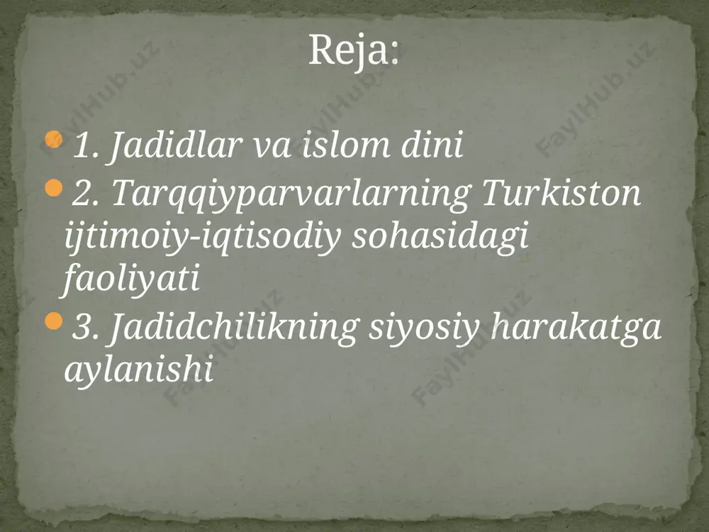 a hadislar asosida tasdiqladilar. jadidlarning islomga oid g’oyalari ularni islomning asosiy ta’limotini o’zgartirishga intilganlar, degan xulosaga olib kelmasligi kerak. sababi ular o’z faoliyatlarida qur’onni ham, umuman, butun islom ta’limotini ham to’g’ri izohlab berganlar. ularning barchasi islom diniga va musulmon an’analariga sodiq edilar. ular islomga putur yetkazadigan urf-odatlarga, jamiyat rivojiga va taraqqiyotiga xalal beradigan salbiy ko’rinishdagi holatlarga qarshi chiqdilar. jadidlar johillikni tugatishga, omma orasida taraqqiyparvar g’oyalar uyg’otishga intildilar. jadidlar o’lkani ijtimoiy-iqtisodiy rivojlantirish borasida ham o’ziga xos qarashlarga ega edi.taraqqiyparvarlar o’z faoliyatlari davomida o’lka xalqlarining ijtimoiy hayoti, turmush tarsi, kasb-kori, shart-sharoitlaridan xabardor bo’lganlar.xalqning ahvoli yildan yilga og’irlashib borayotganini angladilar. ularning fikricha, mamlakatning iqtisodiy mustaqilligini ta’minlamay turibm sityosiy va huquqiy erkinlikka erishish mumkin emas edi. buning uchun birinchi navbatda yerni, yeroti va yerusti boyliklarini, suvni turkiston xalqlarining umumiy boyligi deb e’lon qilish, barcha sohalarni rivojlantirishga qodir mahalliy kadrlarni tayyorlash, zavod va fabrikalar qurib, mahsulotlarni o’lkaning o’zida ishlab chiqarishni zarur deb bildilar. jadidlar ko’plab …