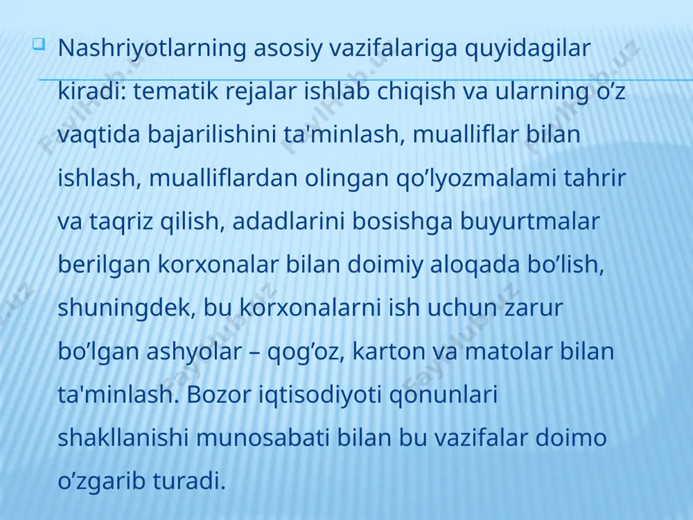 toga qo‘yilgan (probel element), bosiluvchi maydonlar esa ochiq qoldiriladi. hozirda shelkografiya usulida yorug‘likka sezgirlashtirilgan maxsus setka ishlatiladi. tasvirli plyonkani yopishtirish oqibatida oraliq elementlar mahkamlanadi, bosiluvchi elementlar esa yuvilib setkadan bo‘yoqni o‘tishini ta’minlab beradi. olinayotgan nusxa sifati to‘rdagi katakchalarni katta-kichikligiga bog‘liq. termografik bosish usuli termograf usuli quyidagilardan iborat: bosilgan varaq hali qurishga ulgurmasdan matn yoki rasmga maxsus termaporoshok surtiladi, u o‘z navbatida ho‘l bo‘yoqqa yopishadi. shundan so‘ng transporter lenta orqali varaq tunnel o‘choqdan o‘tib, poroshok eriydi va relefli tasvirni hosil qiladi, so‘ngra sovitish moslamasida tasvir varaqaga maxkamlanadi, shundan so‘ng varaq qabul qilish lotogiga kelib tushadi. termotransfer bosish usuli asosan bayroq, branmauer va kam adadli suvenir mahsulotlarni ishlab chiqarishda ishlatiladi. bundan bo‘yovchilarning termik diffuziyali o‘tkazish usuli ishlatiladi. oldin qog‘ozga termo maydonli bo‘yoq yordamida tasvir tushiriladi. keyin tasvirni qog‘oz (tasvirni pastga qaratib) tashuvchi-matoga qo‘yiladi va termotransfer uskunasining issiq vallaridan o‘tkaziladi. shu yo‘l bilan rasm qog‘ozdan matoga o‘tadi. foydalanilgan manbalar: http://library.ziyonet.uz https://hozir.org/reja-bosma-usullari-bosish-jarayoninig-klassifikatsiyasi.html /docprops/thumbnail.jpeg