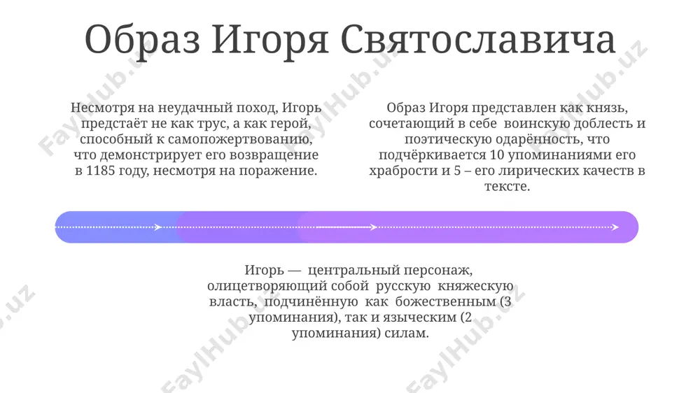 rimer, "krasnoe solntse", "xrabrie drujini"), giperboli, metafori i sravneniya, sozdavaya yarkiy obrazniy ryad. v «slove» shiroko ispolzuetsya parallelizm — povtorenie sintaksicheskix konstruktsiy, sozdayushee effekt torjestvennosti i monumentalnosti, naprimer, povtorenie obrazov prirodi i voinov 3-5 raz v odnom fragmente. stil «slova» sochetaet v sebe elementi raznix janrov: letopisi, bilini, placha, chto podtverjdaetsya nalichiem bolee 200 frazeologizmov i arxaizmov, sozdayushix nepovtorimiy kolorit drevnerusskoy kulturi. filosofskaya problematika «slova» add text add text add text add text add text add text proizvedenie stavit vopros o sootnoshenii chelovecheskoy voli i predopredelyonnosti, ispolzuya mifologicheskie obrazi i motivi, naprimer, predskazaniya i znameniya, chtobi proillyustrirovat neizbejnost nekotorix sobitiy i vozmojnost vliyat na drugie. v «slove» issleduetsya tema patriotizma i ego protivopolojnosti – koristolyubiya. avtor ispolzuet obraz knyazey dlya demonstratsii raznix tipov otnosheniya k otechestvu, naglyadno pokazivaya ix negativnoe vliyanie - gibel okolo 15 000 voinov. «slovo o polku igoreve» zatragivaet problemu vibora mejdu lichnoy slavoy i blagopoluchiem rodini, …
