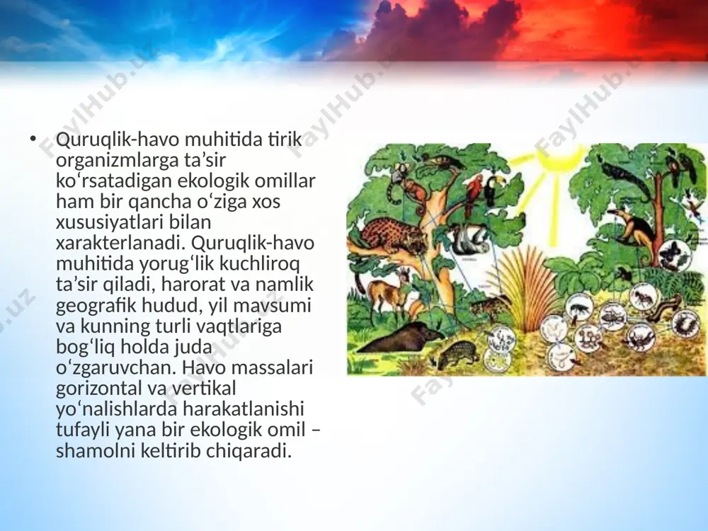r organizm ikkinchi organizmdan yashash muhiti sifatida foydalanishi tabiatda qadimdan mavjud va keng tarqalgan hodisa hisoblanadi. simbioz munosabatlarning bir necha xil shakllari mavjud, bu bilan siz keyingi mavzularda tanishasiz. xo‘jayin organizmning ichki organlari va to‘qimalarida yashovchi organizmlar endobiontlar(yunoncha «endon» – ichki, «biontos» – yashovchi) deyiladi tirik organizmlar tanasida yashashga moslanishlar. bir organizmning (parazit) boshqa organizm (xo‘jayin) hisobiga yashashi parazitlik deb yuritiladi. xo‘jayin organizm bilan o‘zaro munosabatiga ko‘ra parazitlikning ikki turi farqlanadi: ektoparazitlar xo‘jayin organizm tanasining tashqi qismlarida yashaydi (bit, burga, kana, to‘shak qandalasi); endoparazitlar xo‘jayin organizmning tana bo‘shlig‘ida, ichki organ va to‘qimalarida, hujayralarida yashaydi (bezgak plazmodiysi, askarida, qilbosh chuvalchang, tasmasimon chuvalchanglar). tashqi muhit omillarining bevosita ta’siri ostida erkin hayot kechiruvchi organizmlardan farq qilib, parazitlar tashqi muhit bilan bevosita munosabatda bo‘lmaydi. bu esa nerv sistemasining va sezgi organlarining soddalashuviga sabab bo‘lgan. o‘zini dushmanlardan himoya qilishga qaratilgan moslanishlarga ham ehtiyoj yo‘q. parazit organizmlar hayot siklida asosiy va oraliq xo‘jayin almashinadi. bu hodisa …