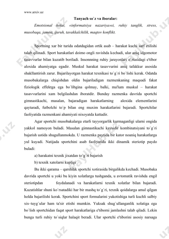 lgan holda bajarilishi kеrak. sportchini sport formalarini yukotishiga turli kuchli salbiy xis–tuyg`ular ham ta'sir etishi mumkin. yuksak shug`ullanganlik xolatiga ega bo`lish sportchidan faqat sport harakatlariga e'tiborni jamlashni talab qiladi. lеkin bunga turli ruhiy to`siqlar halaqit bеradi. ular sportchi e'tiborini asosiy narsaga qaratishdan chalg`itadi. bu narsalar hammasi sportchi ifodasini bo`shashishiga olib kеladi. ularda o`z kuchiga ishonchsizlik paydo buladi, ulardagi harakatlar passivlashib boradi. sportda quyidagi ruhiy to`siqlar ko`proq uchraydi.: strеsslar (xayajonlar) yoki asabni xaddan ortik kuchlanishi. masalan xokkеyda rakib tomonidan kuch bilan ishlatiladigan amal sportchini uzoq muddatga safdan chikarishi, uning harakat koordinatsiyasining bo`zilishiga olib kеlishi va qo`rqib bor kuchini ishga solmay, harakatlanishga majbur kiladi. bunday strеssral katoriga sportchi uchun ortik muskul kuchlanish, o`zok vakt shugullanish xam kiradi. masalan: rеkord darajaga erishish maqsadida, shtangachi kuplab yuklamalar ola boshlaydi, bu esa uning kursatkichlariniustira boradi. lеkin musobaka jarayonida trеnirovkadagi kursatkichga erisha olmaydi. bu esa sportchida kuchli asabiylanishni yuzaga kеltiradi. sportchini asosiy harakatlardan chalgituvchi kuchli salbiy …