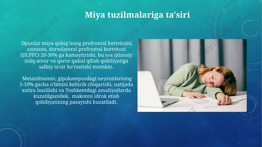 ta’sir qilib, 30 yoshdan oshgan odamlarda xotira va bilimlarni yo'qotish xavfini 2 barobar oshiradi, ayniqsa, toshkent shahridagi tadqiqotlar shuni ko'rsatdi. davolash usullari va reabilitatsiya самарқанд вилоятидаги реабилитация марказларида 20 дан ортиқ бемор билан ишлайдиган психолог ва психиатрлар томонидан когнитив-хулқ-атвор терапияси, яъни cbt услубидан фойдаланилади. республика наркология илмий-амалий марказида 70% гача самарадорликка эга бўлган, нейропсихологик реабилитация ва медикаментоз даволашни бирлаштирган янги даволаш услуби жорий этилган. narkomaniya va toksikomaniyaga oid umumiy ma'lumotlar oʻzbekistonda giyohvand moddalar suiisteʼmoli natijasida yiliga 5000 dan ortiq odam ruhiy kasalliklarga chalinmoqda, bu esa mamlakat sogʻliqni saqlash tizimiga katta yuk solamoqda. narkomaniya va toksikomaniya bilan ogʻrigan 15-25 yoshdagi yoshlarning 70% dan ortigʻi psixologik yordamga muhtoj, ammo ularning faqat 20% tibbiy yordam oladi. gipokampus va amigdalaga ta'siri gipokampus va amigdala o'rtasidagi funktsional bog'lanishning buzilishi, xotira buzilishi va hissiy tartibga solish qiyinchiliklariga olib keladi, bu esa samarqanddagi 30 ta tekshiruv natijalarida tasdiqlangan. gipokampus hajmining 20-30% gacha kamayishi, ayniqsa, geroin kabi kuchli …