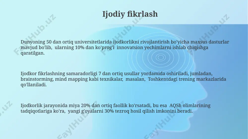 ida kognitiv psixologiya boʻyicha 200 dan ortiq ilmiy maqola chop etilgan boʻlib, ularning aksariyati xotira va eʼtibor mexanizmlariga bagʻishlangan. xabardorlik xabardorlikning 3 bosqichi – kodlash, saqlash va qayta chaqirish – miyaning 7 milliard neyronlari orqali amalga oshiriladi, bu jarayonlarda xotira va e'tibor kabi kognitiv funksiyalar muhim rol o'ynaydi. o'zbekistondagi 2023 yilgi tadqiqotlar shuni ko'rsatdiki, xabardorlik darajasi shaxsning ijtimoiy-iqtisodiy holati va ta'lim darajasi bilan bog'liq bo'lib, yuqori ta'lim olgan 50 yoshdan oshgan shaxslarda yuqori bo'lgan. xabardorlikni yaxshilash uchun samarqanddagi olimlar tomonidan taklif qilingan 5 ta amaliy usul orasida, diqqat mashqlari va muntazam ravishda yangi ma'lumotlarni o'rganish eng samarali hisoblanadi. tasavvur tasavvur jarayonida miyaning frontal loblarining faolligi 20-30% ga ortadi va bu 150 dan ortiq neyronlarning bir vaqtning o'zida ishlashini talab qiladi, shu bilan birga ijodkorlik va muammo yechishda muhim rol o'ynaydi. psixologik tajribalar shuni ko'rsatadiki, 8 yoshdan katta bolalar tasavvur yordamida 5 ta turli ob'ektlarning xususiyatlarini birlashtirib, yangi, xayoliy ob'ektlarni yaratishga …