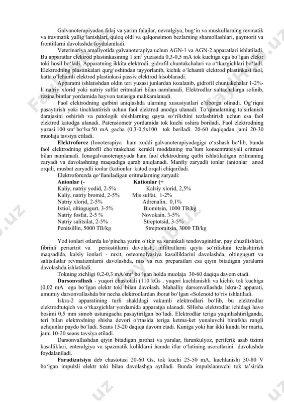 0 vt bo‘lgan lampalar ishlatiladi. infraruj lampasida lampochka o‘rniga quvvati 300-500 vt bo‘lgan spiralli keramik patron o‘rnatiladi, uning cho‘g‘lanishidan 500os dan yuqori issiqlik hosil bo‘ladi. infraruj lampasi teridan 40-80 sm uzoqlikda o‘rnatilib, davolash seansi 15-30 daqiqa davom etadi. davolash kursi 20-25 seansdan iborat bo‘ladi. infraqizil nurlar bilan davolash surunkali gaymorit, frontit, pnevmoniya, plevrit, oshqozon oldi bo‘limlarining gipo- va atoniyasi, kataral gastroenterit, spastik koliklar, ayirish tizimi kasalliklari, revmatik va travmatik miozitlar va boshqa kasalliklarda tavsiya etiladi. o‘tkir bosqichda kechayotgan yiringli yallig‘lanishlar, ko‘p miqdorda qon to‘planishi, kompensatsiyalanmaydigan yurak nuqsonlari, havfli o‘smalar, gemorragik diatez, issiq eltishi, oftob urishi va septikopiemik jarayonlar paytida infraqizil nurlarni qo‘llash tavsiya etilmaydi. davolashda quyosh nurlaridan foydalanish. quyosh nurining organizmga ijobiy ta’siri qadimdan ma’lum bo‘lib, uning ta’sirida terida biologik faol moddalar hosil bo‘ladi, organizmga gumoral va nerv-reflektor yo‘llar bilan ta’sir ko‘rsatadi. qo‘yosh nurlari ta’sirida hayvonning tana vazni va uning kasalliklarga nisbatan chidamliligi oshadi, kalsiy va fosfor tuzlarining suyaklarda to‘planishi, …