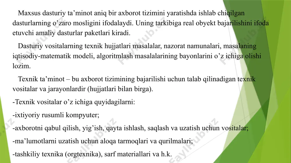 uchun zarur bo'lgan axborotni ishlab chiqarishdan iborat ekan. turli texnologiyalarni qo'llagan holda bitta moddiy resursning o'zidan bir nechta buyum yoki turli sifatdagi mahsulotlarni olish mumkin bo'lsa, bu holat axborotni qayta ishlash texnologiyalari uchun ham o'rinlidir. axborot texnologiyasi jamiyatning axborot resurslaridan foydalanish jarayonining eng muhim tarkibiy qismi hisoblanadi. hozirgi vaqtga kelib u bir nechta evolyutsiya bosqichlaridan o'tdi, bu bosqichlarning almashinishi asosan ilmiy-texnika taraqqiyotining rivojlanishi, axborotni qayta ishlashning yangi texnik vositalari paydo bo'lishi bilan belgilanadi. shaxsiy kompyuter zamonaviy jamiyatda axborotni qayta ishlash texnologiyasining asosiy texnik vositasi bo'lib xizmat qiladi, u texnologik jarayonlarni qurish va foydalanish konsepsiyasiga ham, natijali axborot sifatiga ham jiddiy ta'sir o'tkazdi. axborot sohasiga shaxsiy kompyuterni joriy etish va aloqaning telekommunikatsiya vositalari qo'llanishi axborot texnologiyalarining rivojlanishida yangi bosqichni belgilab berdi va oqibatda "yangi", "kompyuter" yoki "zamonaviy" sinonimlaridan birini qo'shish hisobiga uning nomini ham o'zgartirdi. kompyuter (ing . computer — hisoblayman), ehm (elektron hisoblash mashinasi) — oldindan berilgan dastur (programma) boʻyicha …