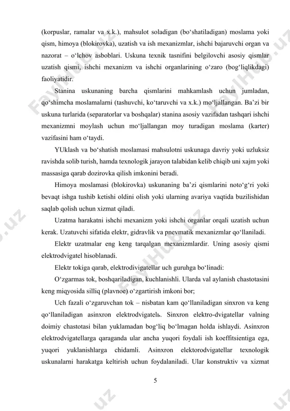 gidrodvigateldan, nasos va gidrodvigatelni bog‘lovchi quvurlardan, ishchi suyuqliklarni saqlovchi idishlardan, ishchi suyuqliklarni tozalash (filьtrlash) va sovutish qurilmalaridan tashkil topgan. ishchi suyuqlikni uzatish uchun shesternyali (parrakli), porshenli va boshqa turdagi nasoslar qo‘llaniladi. gidrodvigatellar rotatsion, buriladigan va porshenli (gidrotsilindr-lar) bo‘ladilar. birinchilari ish mexanizmini aylanma, ikkinchilari–burilish va uchinchilari–oldiga va kelish-qaytma (vozvratno-postupatelьnoe) harakatga keltiradilar. pnevmatik harakatga keltirishda ishchi vosita sifatida qisilgan havodan foydalaniladi. uzatgich tarkibiga sistemaga havo puflaydigan kompressor, havo zahirasini hosil qilish uchun resiver (germetik idish); filьtr; quvurlar; pnevmodvigatellar; nazorat va avtomatika asboblari kiradi. pnevmodvigatellar rotatsion, porshenli, membranali va boshqa turli bo‘ladi. porshenli keng tarqalgan. ishchi mexanizmi - harakatni xarakatlantiruvchidan texnologik uskunaning ishchi organlariga uzatish uchun xizmat qiladi. bu mexanizm uzatma bilan bog‘langan etaklovchi zvenodan va ishchi organlar bilan bog‘langan etaklanuvchi zvenodan iborat. ishchi mexanizm faoliyatini baholaydigan asosiy ko‘rsatkich – uzatish (soni) nisbati. u quyidagilar: tishli uzatkichlarda etaklovchi va etaklanuvchi tishlar sonining etaklovchi va etaklanuvchi shesternyalar diametriga; tishli va tasmali uzatkichlarda etaklanuvchi shesternya …