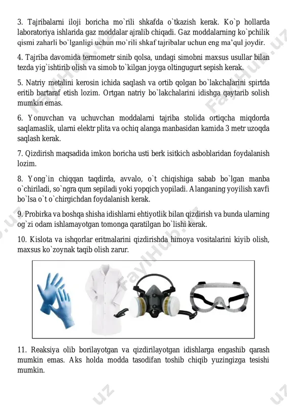 qilinadi. 2-spirt lampasi idishining ½ qismiga qadar voronka yordamida ehtiyotkorlik bilan spirt quyiladi. 3-disksimon metall nayga ipli pilik o`rnatiladi, pilik uchini qaychi bilan qirqib tekislanadi va spirt bilan ho`llanadi. 4-spirt lampasining qalpoqchasi berkitiladi. spirt lampasi doimo qalpoqchasi bilan berkitilgan holda turishi kerakligini unutmang! spirt lampasini yoqish va o`chirish 1-spirt lampasi gugurt cho`pi bilan yoki yonib turgan boshqa oddiy cho`p bilan yondiriladi. 2-spirt lampasini yonib turgan boshqa spirt lampasi bilan yondirilmaydi. 3-spirt lampasini o`chirishda pilik qalpoqcha yopiladi. hech qachon spirt lampasini puflab o`chirmang! alanganing tuzilishi. spirt lampasida qizdirish yonib turgan spirt lampasining alangasini uch qismga bo`lish mumkin: 1–alanganing yuqori qismi, chetlari xira, eng issiq qismi; 2–alanganing o`rta qismi ravshan, issiq qismi; 3–alanganing pastki qismi, juda xira, issiq bo`lmagan pilikka yaqin qismi. spirt lampasi, gaz gorelkasi yoki har qanday yonuvchi moddalar bilan ishlashda, alanga hosil qilishda, alangadan foydalanishda o`ta ehtiyotkor bo`ling. sizning ehtiyotkor bo`lmasligingiz oqibatida o`zingizga yoki atrofdagilarga jiddiy xavf paydo bo`lishi …