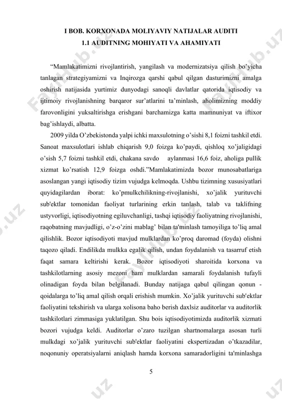 sobot yoki axborotning qonun va boshqa normativ hujjatlarga muvofiklik darajasi to’g’risida xulosa chiqarish maqsadida tadqiq jumladan, prof. podolskiyning fikricha auditorlik faoliyati etilishidir» buxgalteriya hisobotlarini, buxgalteriya hisobi hujjatlarini, soliq deklaratsiyalarini va boshqa moliyaviy majburiyatlarni tashqi tekshiruv o’tkazish bo’yicha tadbirkorlik ishi hisoblanadi. turli mulkdagi korxonalarning faoliyatlari asosiy va aylanma mablag’larga bevosita bog’liqdir. ushbu mablag’lar xo’jalik yurituvchi sub'ektlar tashkil qilingandan e'tiboran foydalaniladi va ko’paytirib boriladi. xo’jalik mablag’larining muhim manbasi xususiy kapital hisoblanadi. kapital o’z navbatida ustav kapitali, qo’shilgan kapital va zahira kapitalidan tashkil topadi. ushbu manbalar asosan korxona faoliyatidan olingan so’nggi moliyaviy natija, ya'ni foyda hisobidan ko’paytirilib boriladi. shuning uchun ham korxona moliyaviy natijalari auditning muhim ob'ekti hisoblanadi. turli mulkdagi korxonalarning moliyaviy natijalari daromadlarga va xarajatlarga bevosita bog’liqdir. korxonalardagi mavjud resurslar samarali foydalanishi kerak. aks holda, korxona faoliyatida yuqori natijalarga erishib bo’lmaydi. shuning uchun daromadlar, xarajatlar ularning turlari va kelib chiqish manbalari doimiy ravishda nazorat qilib boriladi. korxona faoliyati bo’yicha moliyaviy natijalarning auditorlik …