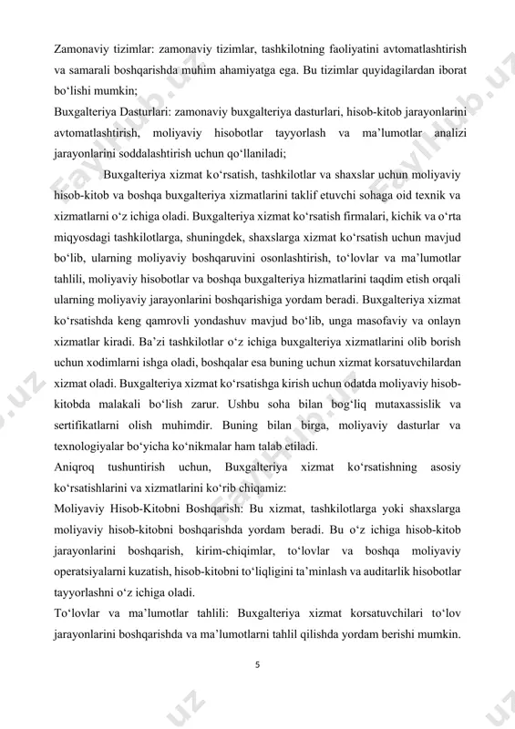 iy moliyaviy hisobotlar tayyorlashda yordam beradi. ular bu hisobotlarni ma’lumotlarni to‘plash, ko‘rsatilgan ma’lumotlar analizi va moliyaviy holatlarga oid tahlillar bilan taqdim etishda mutaxassislar. moliyaviy qarorlarning qabul qilinishida yordam berish: buxgalteriya xizmat korsatuvchilari, moliyaviy qarorlarning qabul qilinishida, maslahatlarda va strategik maqsadlarda tashkilotlarga yordam berishadi. ular moliyaviy tahlillar, proyektsiyalar va investitsiya strategiyalari bilan shug‘ullanishadi. bu xizmatlar, tashkilotlarga moliyaviy boshqaruvni osonlashtirishda, hisob-kitob jarayonlarini samarali boshqarishda, moliyaviy natijalarga oid ma’lumotlarni tahlil qilishda va moliyaviy qarorlarning qabul qilinishida yordam berishda o‘ziga xosdir. buxgalteriya xizmat ko‘rsatish firmalari, tashkilotlar va shaxslar uchun bu xizmatlarni taklif etish orqali moliyaviy holatlarini mustahkamlash va samarali rivojlanishga yo‘l qo‘yishadi. to‘g‘ri, bu xizmat buxgalteriya xizmat ko‘rsatish sohasining asosiy qismidir. bu xizmatni tashkil etuvchilar va tashkilotlar, shuningdek, shaxslar boshqaradigan moliyaviy hisob-kitob jarayonlarini samarali boshqarish va o‘rganish uchun qo‘llab-quvvatlashadi. quyidagi jarayonlarni o‘z ichiga oladi: hisob-kitob jarayonlarini boshqarish: buxgalteriya xizmat korsatuvchilari, tashkilotlarga yoki shaxslarga hisob-kitob jarayonlarini boshqarishda yordam beradi. bu jarayonlar kirish-chiqishlar, moliyaviy hujjatlarni tayyorlash, …