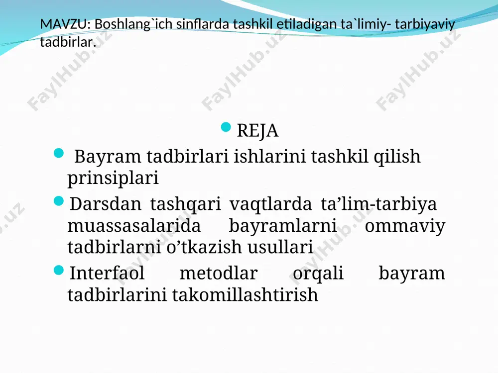 hu bilan birgalikda ma’naviy-ma’rifiy ishlarning ilmiy-nazariy va metodik asoslari mamalakatimiz pedagog olimlari tomonidan ham tadqiq etilgan. xususan shaxs ma’naviy madaniyati va uni shakllantirishning pedagogik xususiyatlari hamda unga yangicha metodologik yondashuv masalalari(o.musurmonova) yoshlarni ma’naviy tarbiyalashda oila va milliy qadriyatlarning ahamiyati(m. inomova) yuqori sinf o’quvchilarida axloqiy madaniyat va uni tarbiyalash(u.mahkamov) masalalari shular jumlasidandir. darsdan tashqari vaqtlarda ta’lim-tarbiya muassasalarida bayramlarni ommaviy tadbirlarni o’tkazish usullari quyida biz bayramlarning o‘ziga xos xususiyatlari va ularning marosimlardan farqini ko’rsatib o’tamiz: 1. har qanday bayram ijtimoiy xodisa sifatida muayyan vazifalarni bajaradi bilish, tarbiyaviy, kommunikativ, madaniy, emotsianal-estetik, uyushtiruvchanlik. 2. bayramlar muayyan marosimlarni bajarish va unga amal qilish natijasida vujudga kelgan. marosimlar ko‘pincha inson hayoti bilan bog‘liq bo‘lgan muhim voqealarga bag‘ishlab tashkil qilinsa, bayramlar etnik guruhlar, xalqlar hayoti va tarixi bilan, inson hayotini tubdan o‘zgartirib yuborgan tabiat hodisalariga bog‘langan holda tashkil etiladi. 3. marosimlar asosida diniy tasavvurlarga bog‘liq bo‘lgan xodisalar yotsa, bayramlar asosida aniq real hayot bilan bog‘liq bo‘lgan hodisalar …