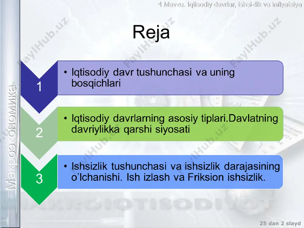 arxlarning pasayishiga va ishlab chiqarish hajmining o’sishiga olib keladi.taklifning kamayishiga olib keladigan uning strukturaviy o’zgarishi as egri chizig’ini as0 dan as2gacha suradi. bu narxlarning oshishiga va ishlab chiqarishning kamayishiga olib keladi. talabning strukturaviy o’zgarishi uning o’sishiga olib keladi va ad egri chizig’ini ad0 dan ad1gacha suradi. bu esa narxlar va ishlab chiqarish hajmining o’sishiga olib keladi.talabning kamayishiga olib keladi-gan uning strukturaviy o’zgarishi ad egri chizig’ini ad0 dan ad2gacha suradi. bu narxlar va ishlab chiqarishning kamayi-shiga olib keladi. p as2 as0 ad as1 q p ad1 ad0 as ad2 q макроэкономика 4 mavzu. iqtisodiy davrlar, ishsizlik va inflyatsiya 25 dan * slayd iqtisodiy faollik o’zgarishining sabablari tashqi iqtisodiyotdan tashqari bo’lgan hodisalar bilan bog’liq. masalan, iqlimning o’zgarishi, urushlar, davlat aralashuvi, yoqilg’i resurslarga jahon narxlarning o’zgarishi . ichki akselerator samarasi va investitsiyalar hajmining o’zgarishi bilan bog’liq макроэкономика 4 mavzu. iqtisodiy davrlar, ishsizlik va inflyatsiya 25 dan * slayd iqtisodiy faollik o’zgarishining sabablari va …