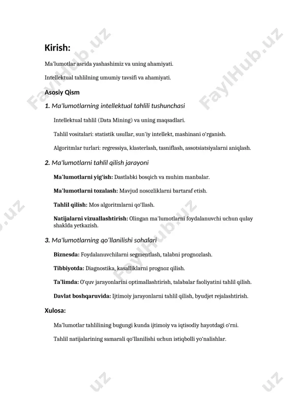 g inson aql-zakovati talab etiladigan vazifalarni bajara olish qobiliyatidir. ushbu vazifalar, jumladan, tilni anglash, nutqni tanib olish, vizual tasvirlarni aniqlash, qaror qabul qilish va o'zgaruvchan muhitlarda moslashuvchanlikni o'z ichiga oladi. 2. **o'rganish (machine learning – ml)**: o'rganish sun'iy intellektning bir turi bo'lib, unda kompyuter modellari ma'lumotlardan qandaydir naqshlar va bog'lanishlarni aniqlash orqali o'zlarining ishlashini yaxshilaydi. o'rganish usulida algoritmlar katta hajmli ma'lumotlar to'plamlarida mustaqil ravishda o'rganishadi. 3. **neytral tarmoq (neural network)**: neytral tarmoqlar sun'iy intellekt va o'rganishning muhim qismi bo'lib, ular inson miyasining ishlashiga taqlid qiladi. ushbu tarmoqlar ko'plab sun'iy neyronlardan tashkil topgan bo'lib, ular ma'lumotlarga o'rganish orqali turli vazifalarni bajaradi. 4. **chuqur o'rganish (deep learning)**: chuqur o'rganish bu ko'p qatlamli neytral tarmoqlarni qo'llab-quvvatlaydigan o'rganish metodi bo'lib, u juda murakkab vazifalarni, masalan, tasvir va nutq tanib olishni samarali tarzda bajara oladi. google, facebook kabi katta kompaniyalar chuqur o'rganishni faol qo'llashadi. 5. **tabiiy tilni qayta ishlash (natural language processing – nlp)**: tabiiy …