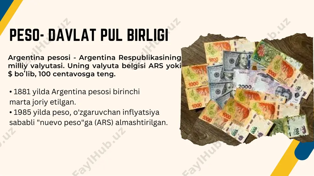 ldagi argentina iqtisodiyotini ham ta'sir qildi va inflyatsiya darajasining o'sishini kuchaytirdi. rossiyadagi moliyaviy inqiroz 1990-yillardagi inflyatsiya o'sish- kamayishining sabablari: 1990-yillardagi inflyatsiya darajasining o'sish kamayishiga ta'sir ko'rsatgan omillar: muhim !!! 1991 -yil 84.1 % dan 23,3 % ga keskin tushish bilan, 1999-yillarning oxirida esa 10% dan past ko’rsatkichni qayd etdi • surunkali inflyatsiya davri (2000-2009) inflyatsiya ko’rsatkichlari • 2000-yillarning boshlarida inflyatsiya nisbatan past (-0,94%) bo'lgan bo'lsa- da, 2002-yilda "konvertibilite" dasturi bekor qilinganidan keyin tezda o'sdi. (25,87%) • 2001-2002 yillarda argentina moliyaviy inqirozga duch keldi, bu esa inflyatsiya darajasining juda tez o'sishiga olib keldi. (-1,7% dan 25,87% ga ) • 2000-yillarning oxiriga kelib, inflyatsiya yillik 20% atrofida barqarorlashdi. inflyatsiya o’sish sabablari • "konvertibilite" dasturining 2001-2002 bekor yillardaqilinishi argentina moliyaviy inqirozi tufayli dastur peso inflyatsiya (2002): bekor qilindi. bu esa qadrsizlanishiga darajasining tez o'sishiga olib keldi. va • valyuta kursi beqarorligi: "konvertibilite" dasturi bekor qilinganidan qilish qiyinlashdi. peso qadrsizlanishi import qilinadigan tovarlarning narxini …
