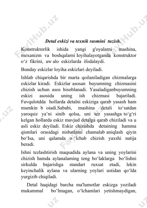 kiz chizishning o'ziga hos tarkibi mavjud (2.5.2 -chizma, a-f): 1.eskiz chiziladigan format aniqlanadi va uning ramkasi, asosiy yozuvini hamda har bir ko‘rinishning jo- ylariing ichka chiziq dabelgilab olinadi. 2.detaining ko‘rinadigan konturlari chiziladi. 3.detaining ichki bo'laklari shtrix chiziqlarda ch iziladi. 4.detalga o‘lcham qo'yish chiziqlari chiziladi. 5.detal o'lchash asboblari yord amida aniq o’lchab chiziiladi va o‘lcham sonlari yoziladi. 6. detalga qirqim beriladi va tayyor qilinadi. texnik rasmni frontal dimetriya asosida bajarish. bu yerda у o’qni 45° burchak chizish uchun yarim aylana qo'lda, ko‘zda chamalab chizilgandan keyin uning yarimisi teng ikkiga bo‘lib olinadi hamda 1 nuqta о bilan tutashtiriladi. shunda frontal dimetriya o'qlari hosil bo'ladi (2.5.8 -chizma, a). aylana v da o‘z kattaligida, ya'ni aylanaligicha tasvirlanadi. qolgan h va w lardan bir xil ko‘rinish va kattalikdagi qisiqroq elips ko'rinishida bajariladi. h da chizilishi lozim bo'lgan ellipsni bajarish 2.5.8 -chizma, b da ko'rsatilgan. z o‘qqa nisbatan 7° burchakda ellipsning kichik o'qi o'tkazilib, unga perpendikulyar …