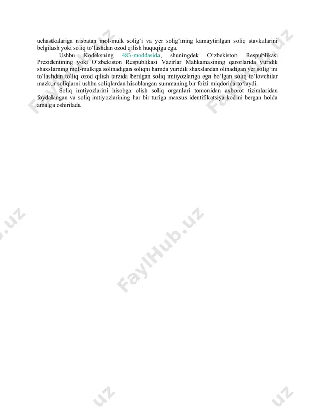 ‘lovchilar va soliq agentlari soliqlar hamda yig‘imlarni mustaqil ravishda to‘laydi. soliqni to‘lash soliqning to‘liq summasi bo‘yicha yoki ushbu kodeksda nazarda tutilgan boshqacha tartibda amalga oshiriladi. agar soliq bo‘yicha soliq davri bir necha hisobot davrini tashkil etsa, ulardan har birining natijalari bo‘yicha joriy to‘lovlar to‘lanadi. joriy to‘lovlarni to‘lash majburiyati soliqni to‘lash bo‘yicha majburiyatga tenglashtiriladi. alohida soliq turlari uchun bo‘nak to‘lovlari nazarda tutilishi mumkin. bo‘nak to‘lovlarini to‘lash majburiyati soliqni to‘lash bo‘yicha majburiyatga tenglashtiriladi. yuridik shaxslar va yakka tartibdagi tadbirkorlar soliqlarni banklar orqali naqd pulsiz shaklda to‘laydi. soliqlar va yig‘imlarni turlari bo‘yicha hisoblab chiqarish tartibi hamda to‘lash muddatlari ushbu kodeksning maxsus qismida belgilanadi. soliq imtiyozlari soliq to‘lovchilarning ayrim toifalariga boshqa soliq to‘lovchilarga nisbatan soliq to‘g‘risidagi qonunchilikda nazarda tutilgan afzalliklar, shu jumladan soliqni to‘lamaslik yoki ularni kamroq miqdorda to‘lash imkoniyati soliq imtiyozlari deb e’tirof etiladi. soliq to‘lovchiga soliqlarni to‘lash bo‘yicha muddatni kechiktirish (bo‘lib-bo‘lib to‘lash) imkoniyati berilishi soliq imtiyozlari hisoblanmaydi. agar ushbu moddaning beshinchi qismida …