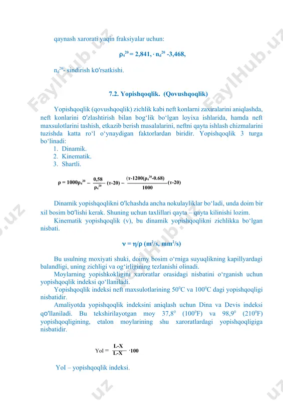 , etkazib berish masalalarini, neftni qayta ishlash chizmalarini tuzishda katta ro‘l o‘ynaydigan faktorlardan biridir. yopishqoqlik 3 turga bo‘linadi: 1. dinamik. 2. kinematik. 3. shartli. ρ = 1000ρ420 0,58 ρ420 (т-20) (т-1200(ρ420-0.68) 1000 (т-20) dinamik yopishqoqlikni o‘lchashda ancha nokulayliklar bo‘ladi, unda doim bir xil bosim bo‘lishi kerak. shuning uchun taxlillari qayta – qayta kilinishi lozim. kinematik yopishqoqlik (v), bu dinamik yopishqoqlikni zichlikka bo‘lgan nisbati. = / (m2/s, mm2/s) bu usulning moxiyati shuki, doimy bosim o‘rniga suyuqlikning kapillyardagi balandligi, uning zichligi va og‘irligining tezlanishi olinadi. moylarning yopishkokligini xaroratlar orasidagi nisbatini o‘rganish uchun yopishqoqlik indeksi qo‘llaniladi. yopishqoqlik indeksi neft maxsulotlarining 500c va 1000c dagi yopishqoqligi nisbatidir. amaliyotda yopishqoqlik indeksini aniqlash uchun dina va devis indeksi qo‘llaniladi. bu tekshirilayotgan moy 37,80 (1000f) va 98,90 (2100f) yopishqoqligining, etalon moylarining shu xaroratlardagi yopishqoqligiga nisbatidir. yoi = l-x l-х ·100 yoi – yopishqoqlik indeksi. l-etalon moyining 37,80c dagi yoi=0 bo‘lgandagi yopishqoqligi x-tekshirilayotgan moyning yopishqoqligi. yoi=0 bo‘lgandagi yopishqoqligi. …