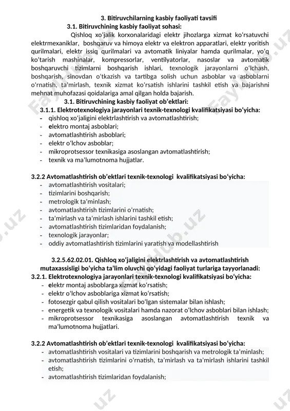 uk-5. ta’lim olgan tilida fikrini og‘zaki va yozma ravishda ravon bayon qilish; uk-6. umuminsoniy fazilatlarga ega bo‘lish, o‘z millatini va vatanini sevish, u bilan faxrlanish, milliy urf-odatlar, qadriyatlarni hurmat qilish; uk-7. professional vazifalarni samarali bajarish uchun zarur bo‘ladigan ma’lumotlarni qidirish; uk-8. kasbiy faoliyatida axborot-kommunikatsiya texnologiyalarini qo‘llash; uk-9. kasbga doir hujjatlar bilan ishlash; uk-10. kasbiy faoliyatda xavfsizlik texnikasi va mehnat muhofazasi qoidalariga amal qilish ko‘nikmalariga ega bo‘lish. uk-11. sanoat va nosanoat tashkilotlarda vujudga keladigan chiqindilarni atrof-muhitga zarar yetkazmaslik choralarini koʻrish va utilizatsiya qilish; uk-12. sohaga oid ekologik madaniyatga rioya qilgan holda faoliyat olib borish; 4.2.qishloq xo‘jaligini elektrlashtirish va avtomatlashtirish mutaxassisligi ta’lim dasturini o‘zlashtirgan bitiruvchi quyidagi kasbiy kompetensiyalarga ega bo‘lishi kerak. 4.2.1. elektrotexnologiya jarayonlari texnik-texnologi kvalifikatsiyasi bo‘yicha: kk-1.1. elektr montaj ishlarini boshqarish; kk-1.2. elektr montaj ishlarini texnik ko‘rikdan o‘tkazish; kk-1.3.energetik va texnologik vositalari bilan ishlashda mehnatni muhofaza qilish va havfsizlikni ta’minlash; kk-1.4. fotosezgir qabul qilish vositalari bo‘lgan sistemalarni qo‘llash; kk-1.5. qishloq xo‘jaligida …