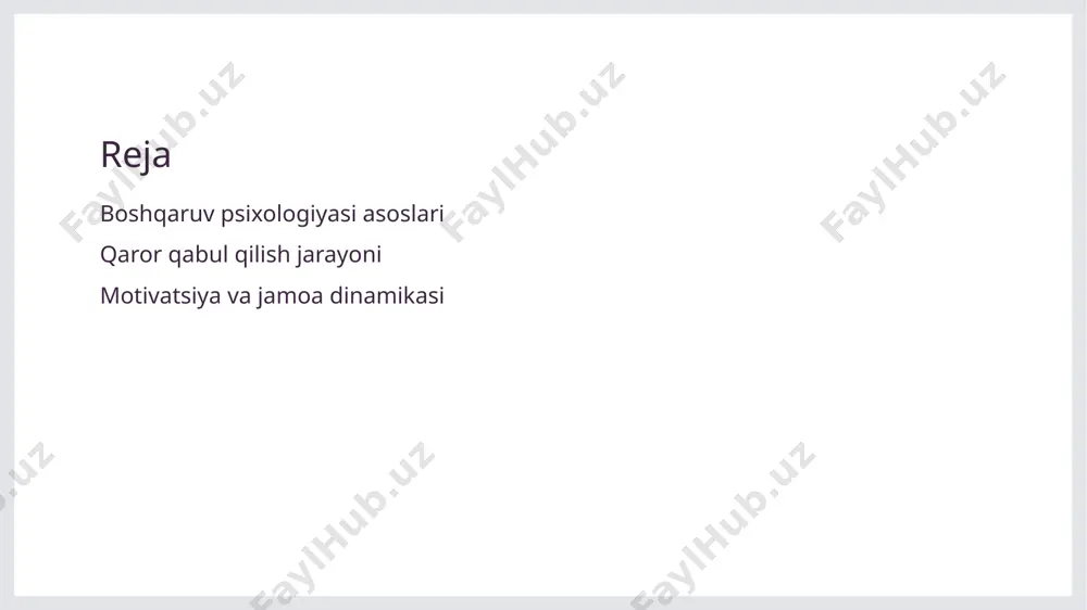 atlar ko'p hollarda ustuvor hisoblanadi. rahbarlik uslublari o'zbekistondagi rahbarlik uslublari, madaniy kontekstga mos ravishda, ko'proq kollektiv qaror qabul qilishga asoslangan. bu, jamoa motivatsiyasini oshiradi. qaror qabul qilish jarayonining psixologik asoslari. 01 psixologik jarayonlar qaror qabul qilish jarayoni psixologik jarayonlar bilan bog'liq bo'lib, bu fikr, his-tuyg'u va motivatsiyani o'z ichiga oladi. 02 kognitiv omillar kognitiv psixologiya qaror qabul qilishda aql-idrok jarayonlarini o'rganadi, bu esa muammolarni hal qilish va tanlovlarni baholashda muhimdir. 03 emotsional ta'sir emotsiyalar qaror qabul qilishda muhim rol o'ynaydi, chunki hissiyotlar motivatsiyani oshirishi yoki pasaytirishi mumkin, bu esa natijaga ta'sir qiladi. qaror qabul qilishda jamoa dinamikasining roli. 1 jamoa dinamikasi - jamoa dinamikasi, a'zolar o'rtasidagi munosabatlar va o'zaro ta'sirlarni anglatadi, qaror qabul qilish jarayonida samaradorlikni oshiradi. 2 qaror qabul qilish - jamoa ichidagi muhokama orqali qaror qabul qilish, turli nuqtai nazarlarni hisobga olib, yanada muvozanatli va oqilona yechimlar ishlab chiqishga yordam beradi. 3 ijtimoiy ta'sir - jamoa a'zolarining bir-biriga …