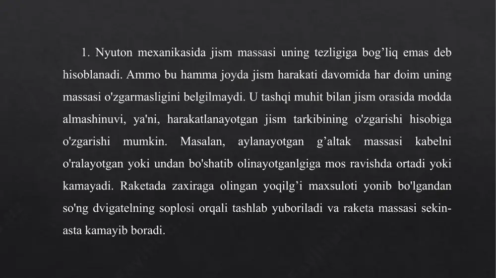 nuni (20) ga qo'yib, mesherskiy tenglamasini olamiz: 3. vektor kattalik kuch birligiga ega bo'lib, uni reaktiv kuch deyiladi. u jismdan ajraluvchi yoki unga birlashuvchi zarrachalarning mexanik ta'sirlarini xarakterlaydi (masalan, raketadan oqib chiqayotgan gaz oqimini raketaga ta'siri). reaktiv kuchdan foydalanib uchish apparatlarini yaratish g’oyasini aytilganiga ancha bo'lid. shunday qilib, 1881 yil revolyutsioner narodnik n.m.kibalchich shox aleksandr ii ni o'ldirishda ayblanib, uni qatl etishdan oldinroq u tyurmada bo'lganda reaktiv uchuvchi apparatlarini loyixasini tuzdi. ammo bu loyixa tyurma arxivida yo'qolib ketdi va birinchi bo'lib faqat 1918 yilda chop etildi. atoqli olim va kashfiyotchi k.e.tsiolovskiy butunlay xayotini raketa texnikasi va raketani planetalararo aloqalarda qo'llash masalalariga bag’ishladi. 1903 yildayoq u o'zining chop etilgan maqolasida raketa harakat nazariyasini asoslari va suyuq yoqilg’i reaktiv dvigateli (syord) to’g’risida chuqur fikrlar aytgan. havo reaktiv dvigateli nazariyasini birinchi bo'lib b.s.stechkin (1924) ishlab chiqdi va chop etdi. 4. 1903 yilda tsiolkovskiy birinchi bo'lib, faqat birgina syord ning tortish reaktiv kuchi ta'sirida …