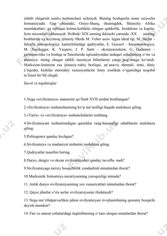 da shaklda - sivilizatsiya kelib chiqishining ma’naviy shart-sharoitlari xususiy mulk - kichik yer egalari, chorvadorlar, hunarmandlarning mulki ko‘rinishida amalda bo‘ldi. bu davrda qullarning o‘rni alohida bo‘lganligini nazarda tutish lozim.sivilizatsiyaning bu bosqichida mahsulotlarni muntazam ayir- boshlashning zarur sharti sifatida pul muomalasi vujudga keldi. muomala uchun dastlab oltin, so‘ngra kumush tangalar ishlatila boshlandi. sivilizatsiya va madaniyat. sivilizatsiyalarning insoniyat ilgarilama harakati bosqichlari ekanligi doirasida madaniyat hodisasi alohida o‘rin tutadi. fransuz mutafakkiri j.j.russo (xviii asr) insonning tanasi va ruhiy ehtiyojlari to‘g‘risida fikr yuritib, birinchisi qonunchilik, davlat tuzilishi, xavfsizlik tizimiga ehtiyoj sezganidek, ikkinchisi ham o‘zini takomillashtirish uchun madaniyatga, dastavval, san’at va fanga bo‘lgan ehtiyojni qondirishi kerak, deb ko‘rsatgan edi. nemis mutafakkiri o.shpengler (xx asr) fikricha ham sivilizatsiya texnik-texnologik omillarning yuksak darajasini ifodalasa, madaniyat hayotiy ijodiylikni bildiradi. darvoqe, bu mutafakkir g‘arb tafakkuri tarixida birinchi bo‘lib har bir sivilizatsiyaning noyobligini, betakrorligini isbotlagan. m. veber (xx asr, germaniya) ta’kidlashicha, sivilizatsiya sotsium harakatining muayyan bosqichini anglatsa, madaniyat esa sivilizatsiyaning …